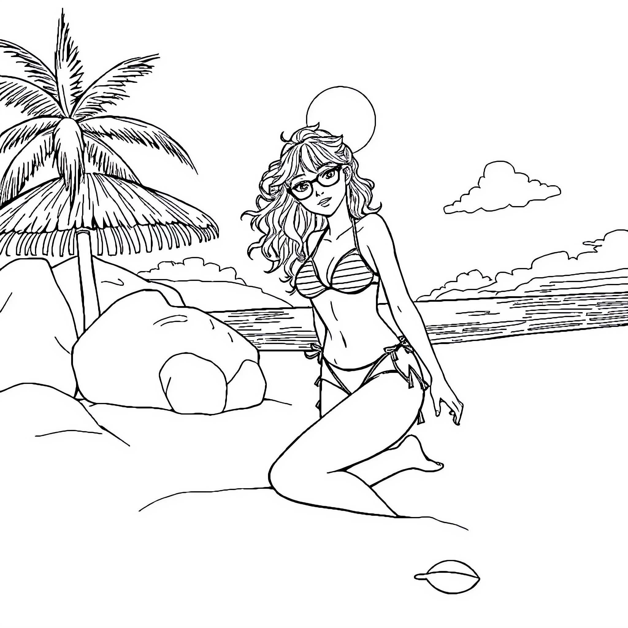 Gyaru enjoying a sunny day at the beach Coloring Page (free black-and-white line drawing printable PDF for all, from beginners to advanced learners, including children, teens, adults, and seniors)