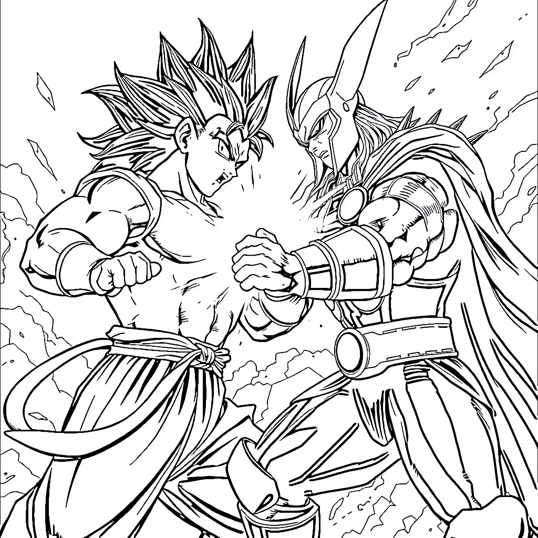 Vegeta's Fierce Battle Against a Powerful Foe Coloring Page (free black-and-white line drawing printable PDF for all, from beginners to advanced learners, including children, teens, adults, and seniors)