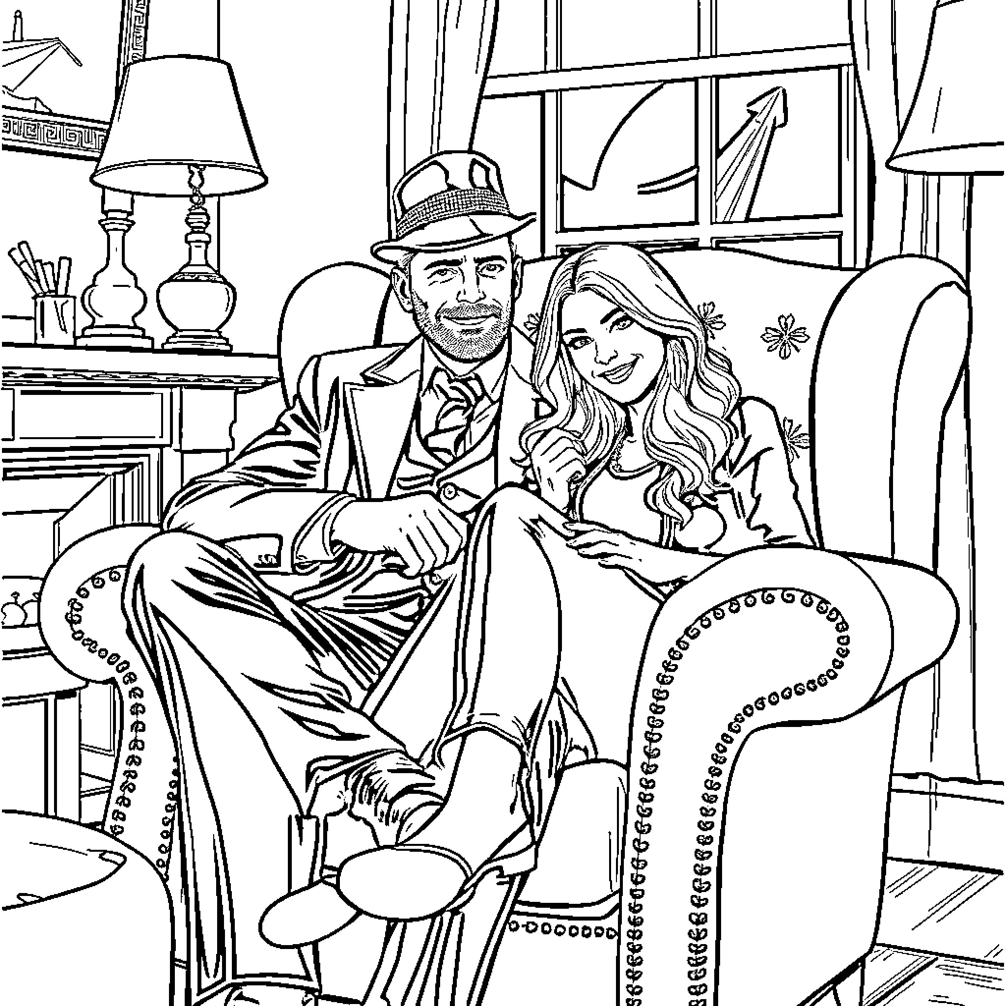Alfie Solomons and companion relaxing in cozy interior Coloring Page (free black-and-white line drawing printable PDF for all, from beginners to advanced learners, including children, teens, adults, and seniors)