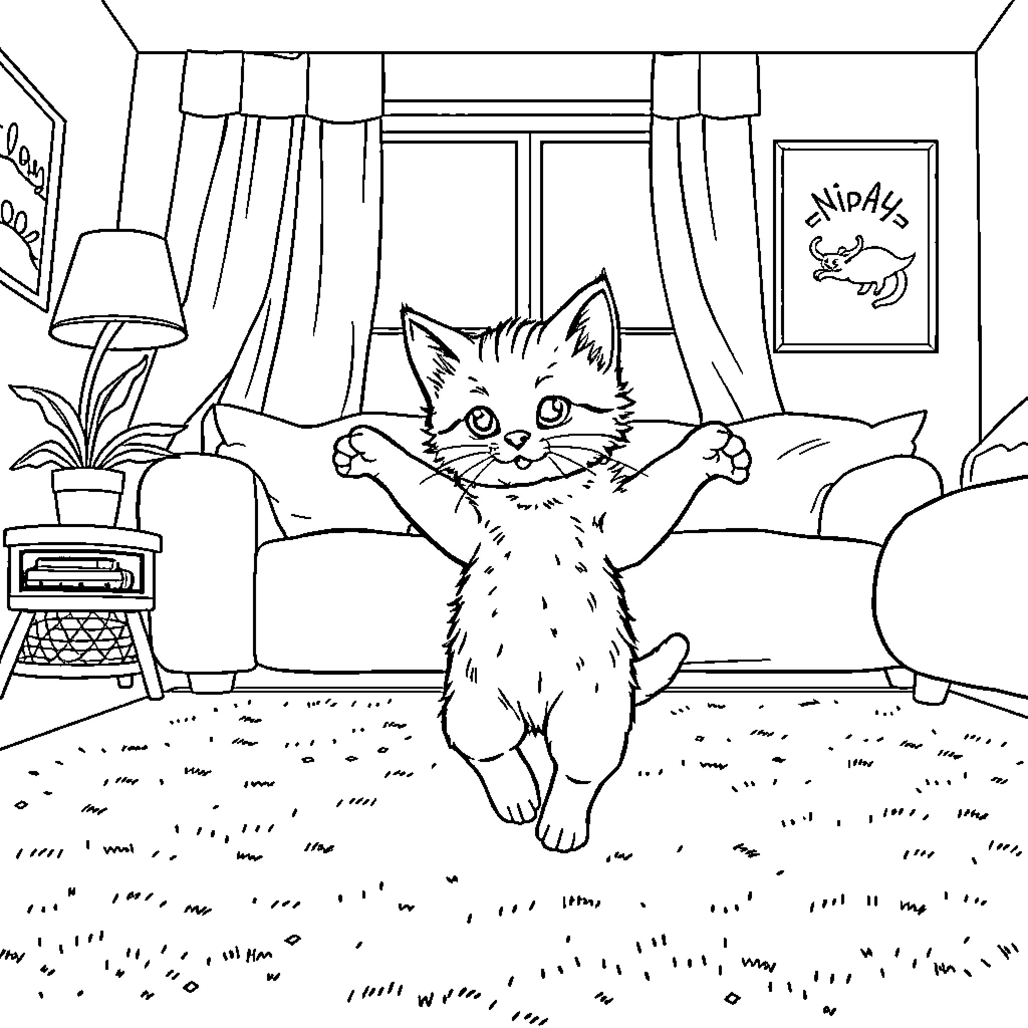 Kitten lounging playfully in cozy living room Coloring Page (free black-and-white line drawing printable PDF for all, from beginners to advanced learners, including children, teens, adults, and seniors)