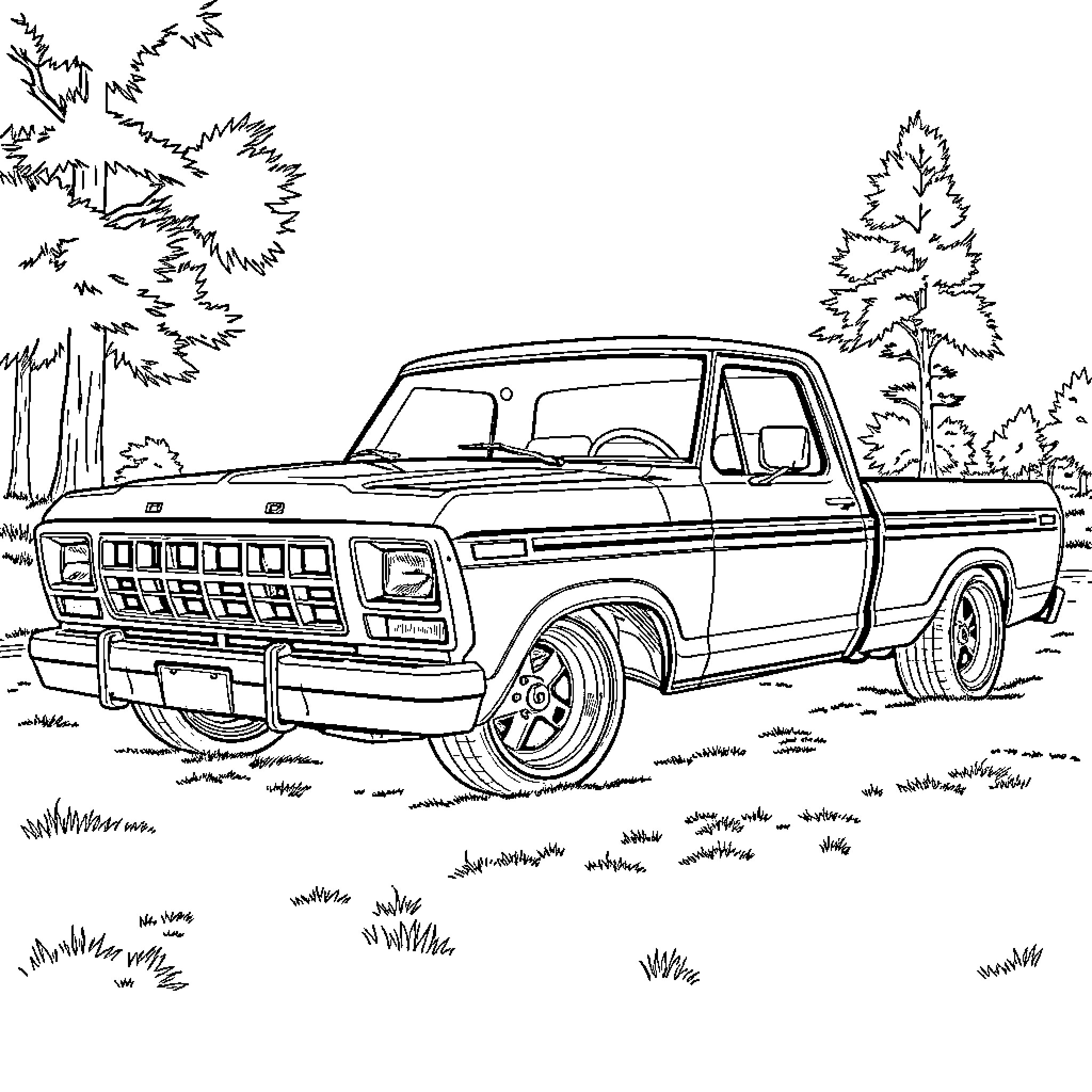 Ford truck in the forest landscape Coloring Page (free black-and-white line drawing printable PDF for all, from beginners to advanced learners, including children, teens, adults, and seniors)