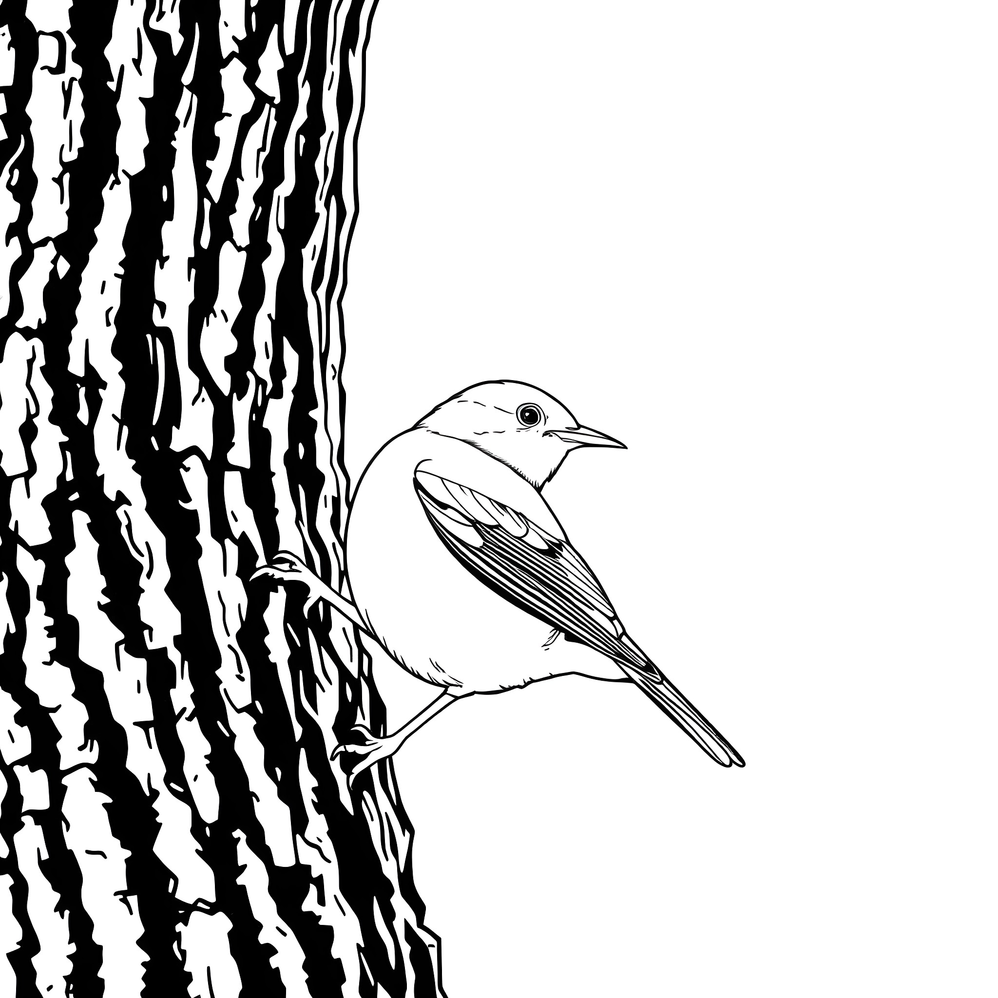 Warbler perched on a textured tree bark Coloring Page (free black-and-white line drawing printable PDF for all, from beginners to advanced learners, including children, teens, adults, and seniors)