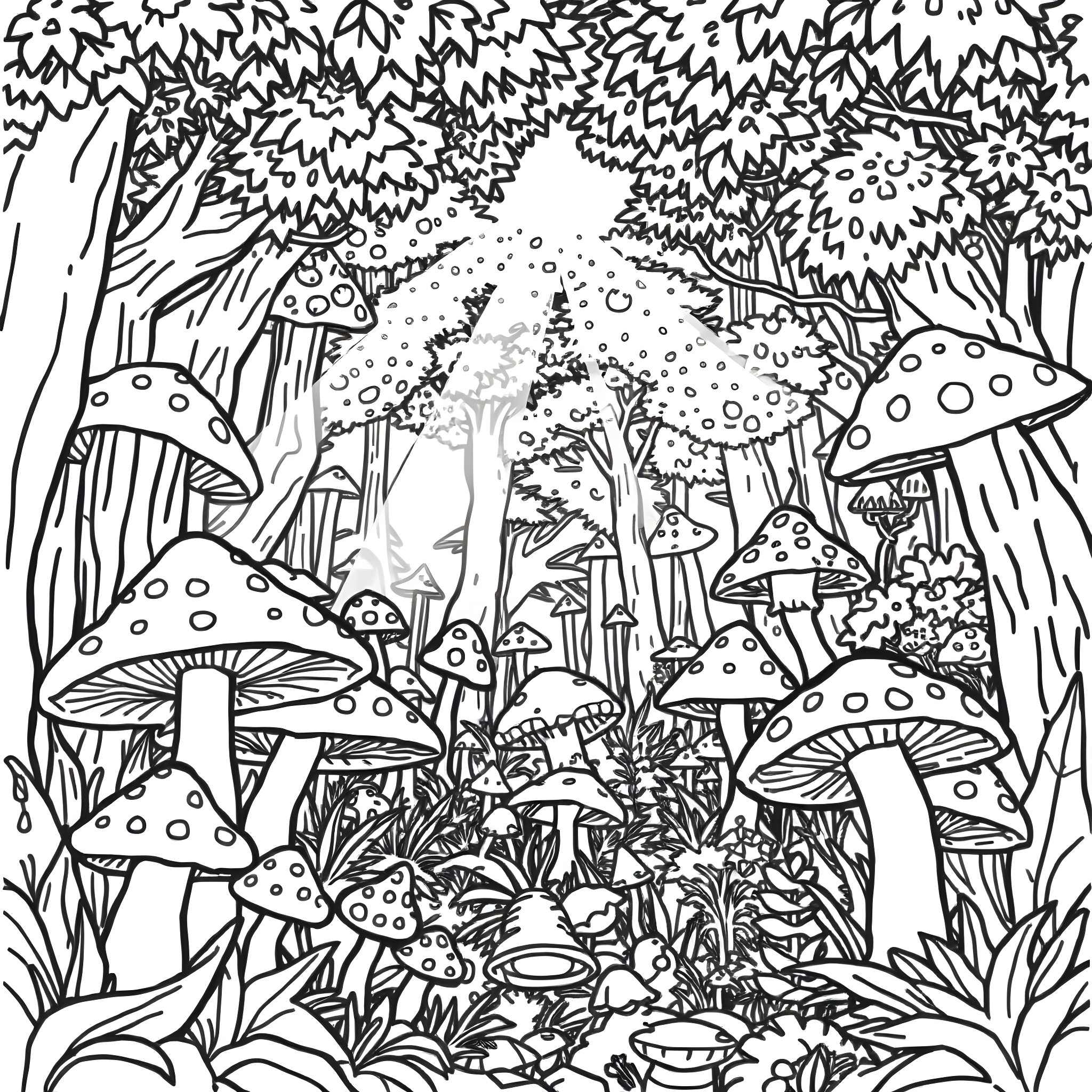 Forest filled with whimsical mushrooms and foliage Coloring Page (free black-and-white line drawing printable PDF for all, from beginners to advanced learners, including children, teens, adults, and seniors)