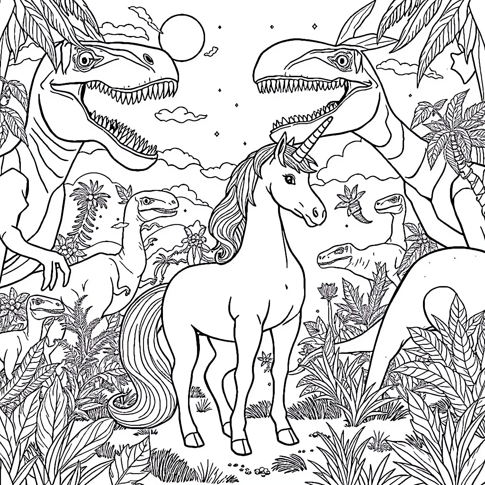 Unicorn Surrounded by Fantastical Creatures in Lush Landscape Coloring Page (free black-and-white line drawing printable PDF for all, from beginners to advanced learners, including children, teens, adults, and seniors)