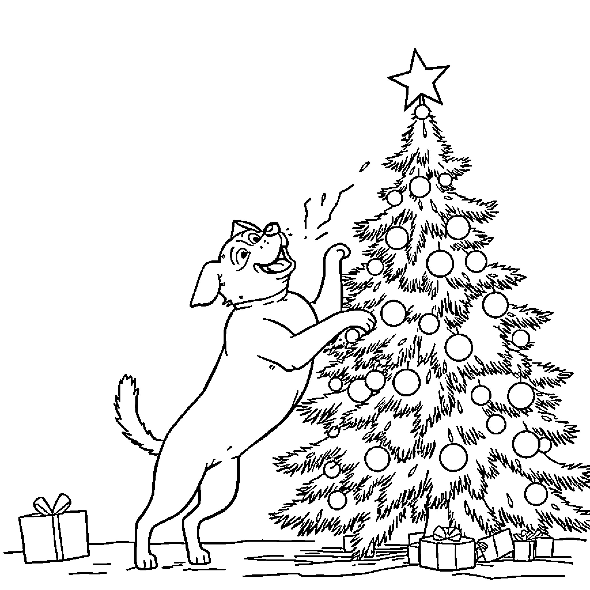 Dog decorating Christmas tree happily Coloring Page (free black-and-white line drawing printable PDF for all, from beginners to advanced learners, including children, teens, adults, and seniors)