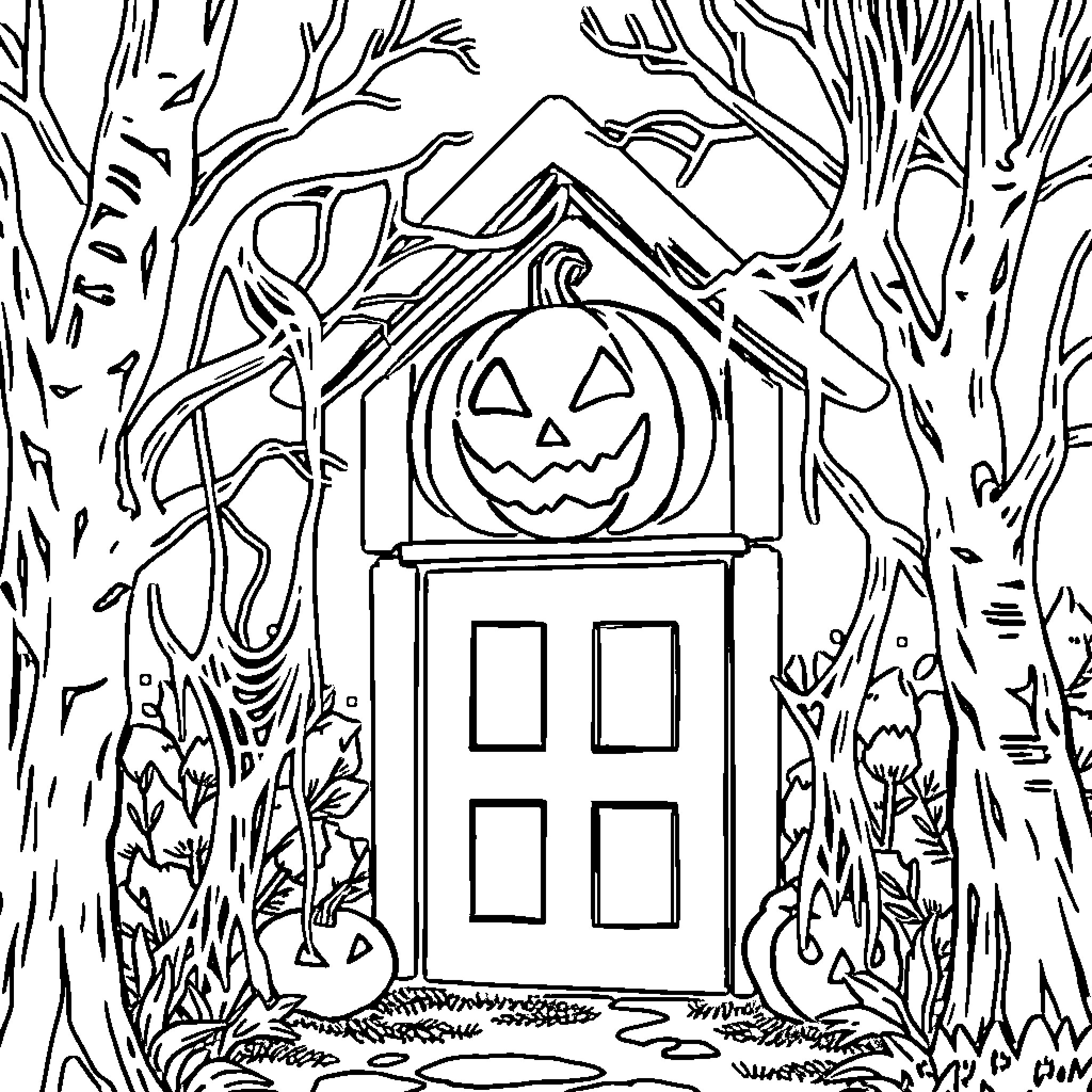 Halloween Decoration with Pumpkin House in Haunted Forest Coloring Page (free black-and-white line drawing printable PDF for all, from beginners to advanced learners, including children, teens, adults, and seniors)