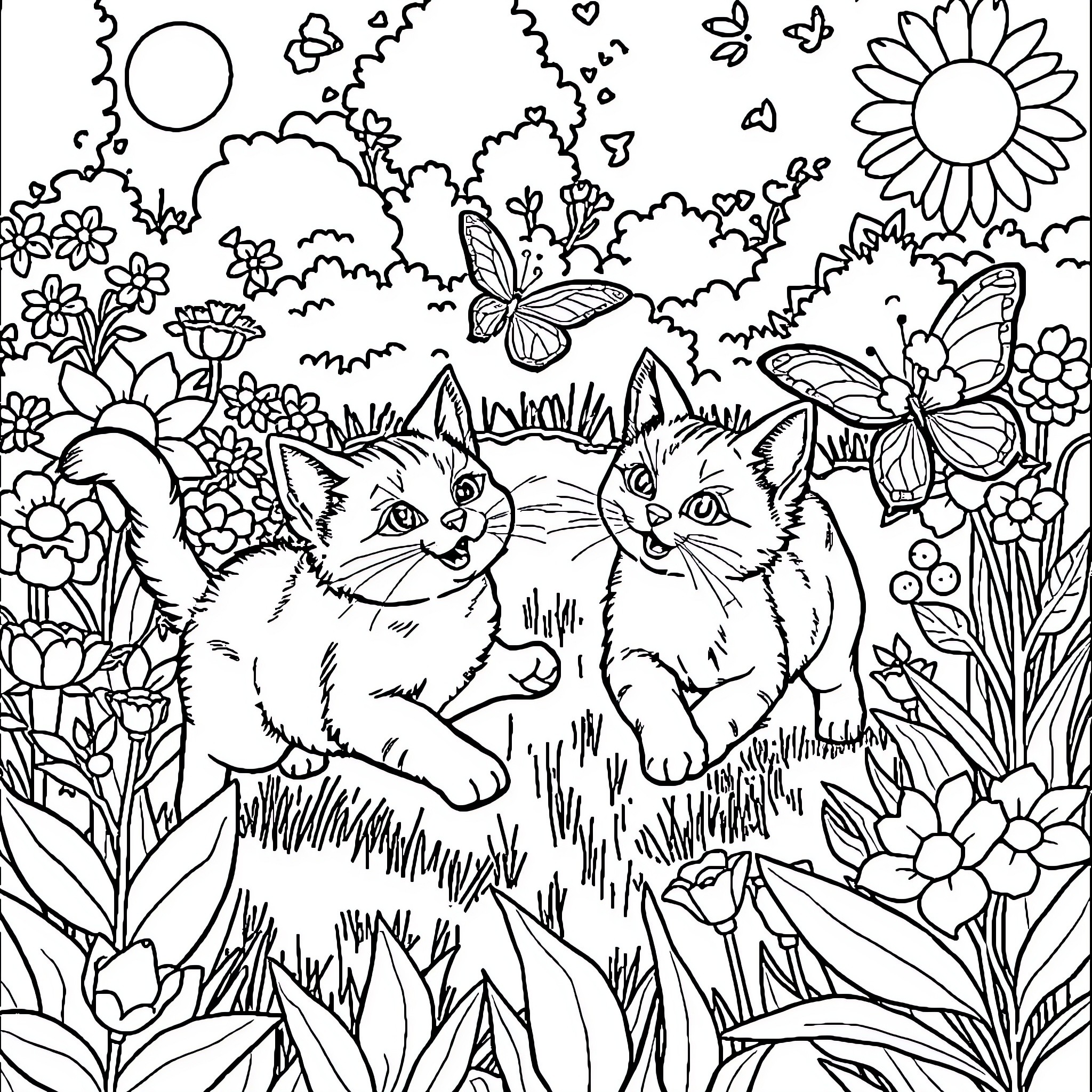 Cat friends in a floral garden Coloring Page (free black-and-white line drawing printable PDF for all, from beginners to advanced learners, including children, teens, adults, and seniors)