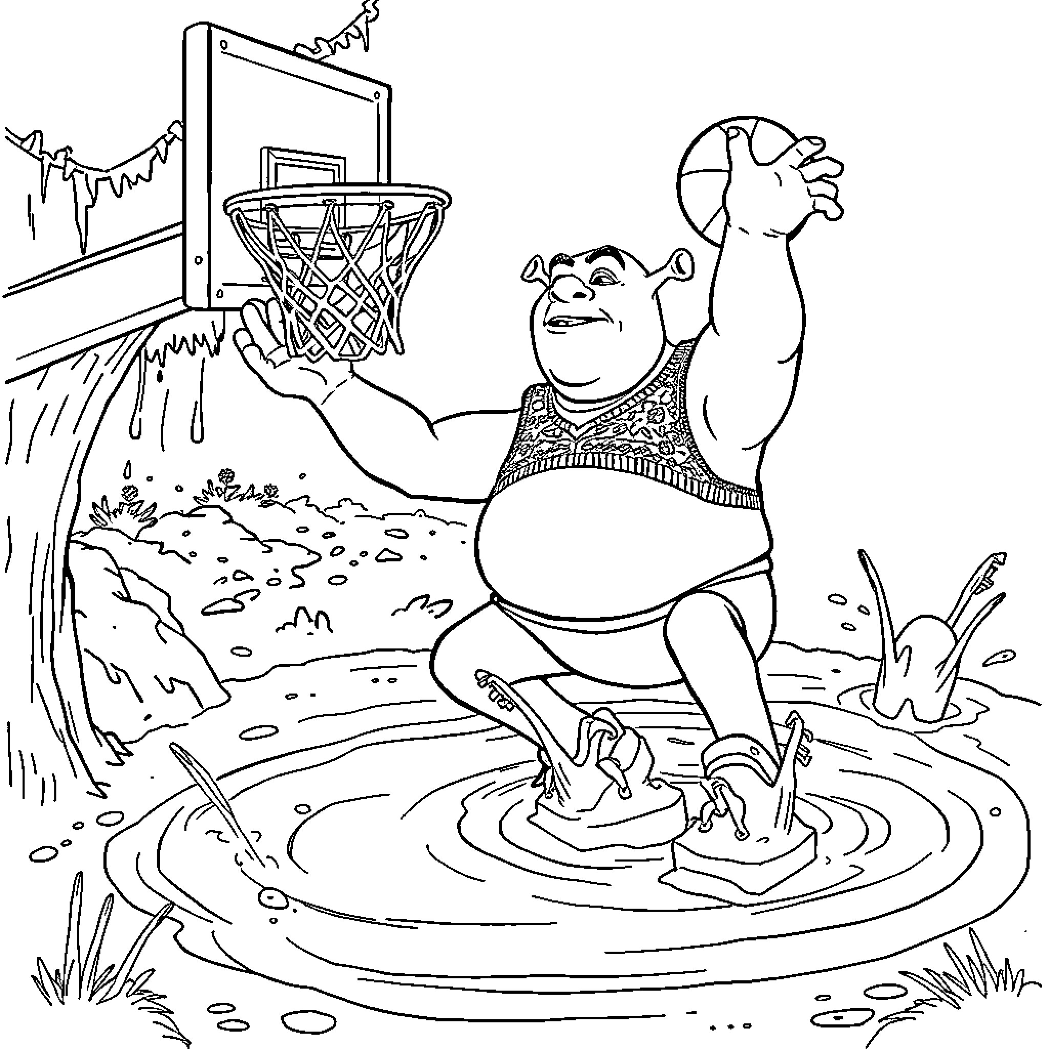 Shrek enjoying basketball outdoors in a natural setting Coloring Page (free black-and-white line drawing printable PDF for all, from beginners to advanced learners, including children, teens, adults, and seniors)
