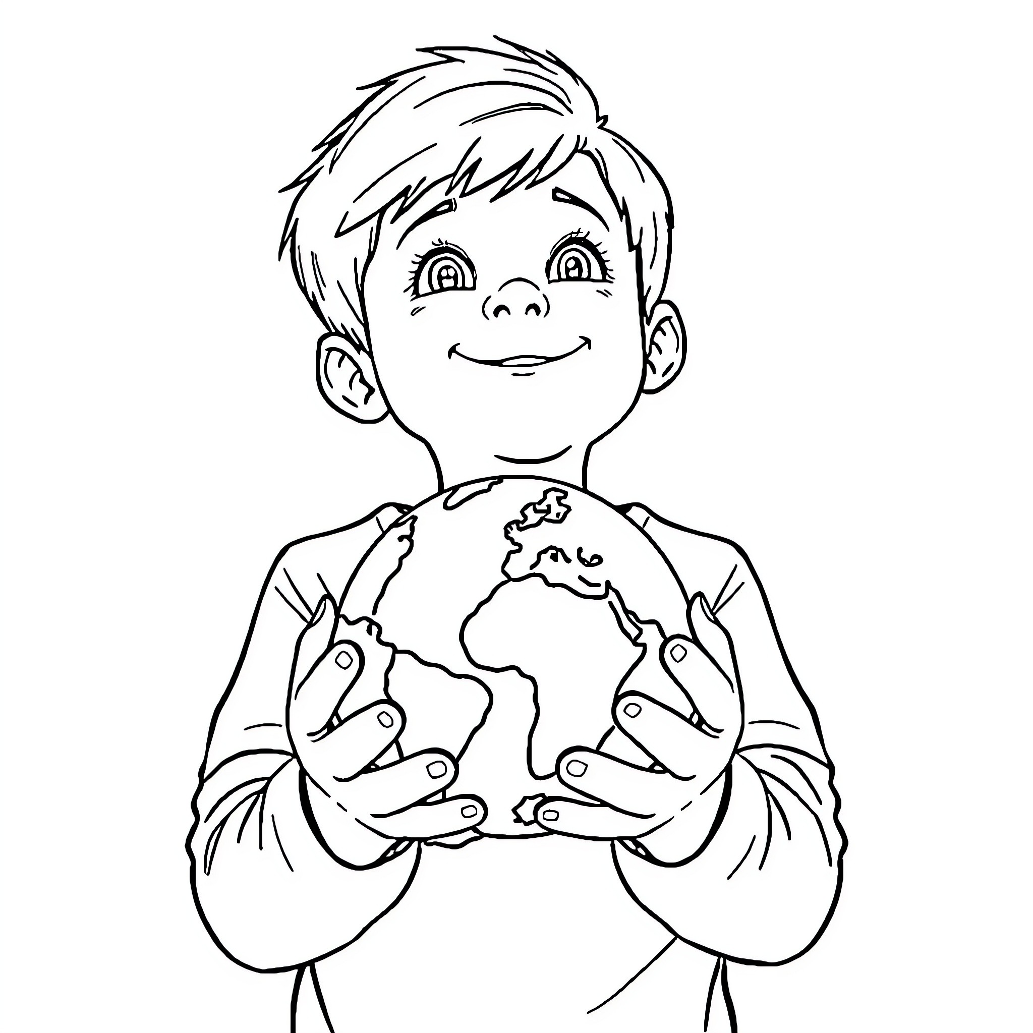 Boy holding the world in his hands Coloring Page (free black-and-white line drawing printable PDF for all, from beginners to advanced learners, including children, teens, adults, and seniors)