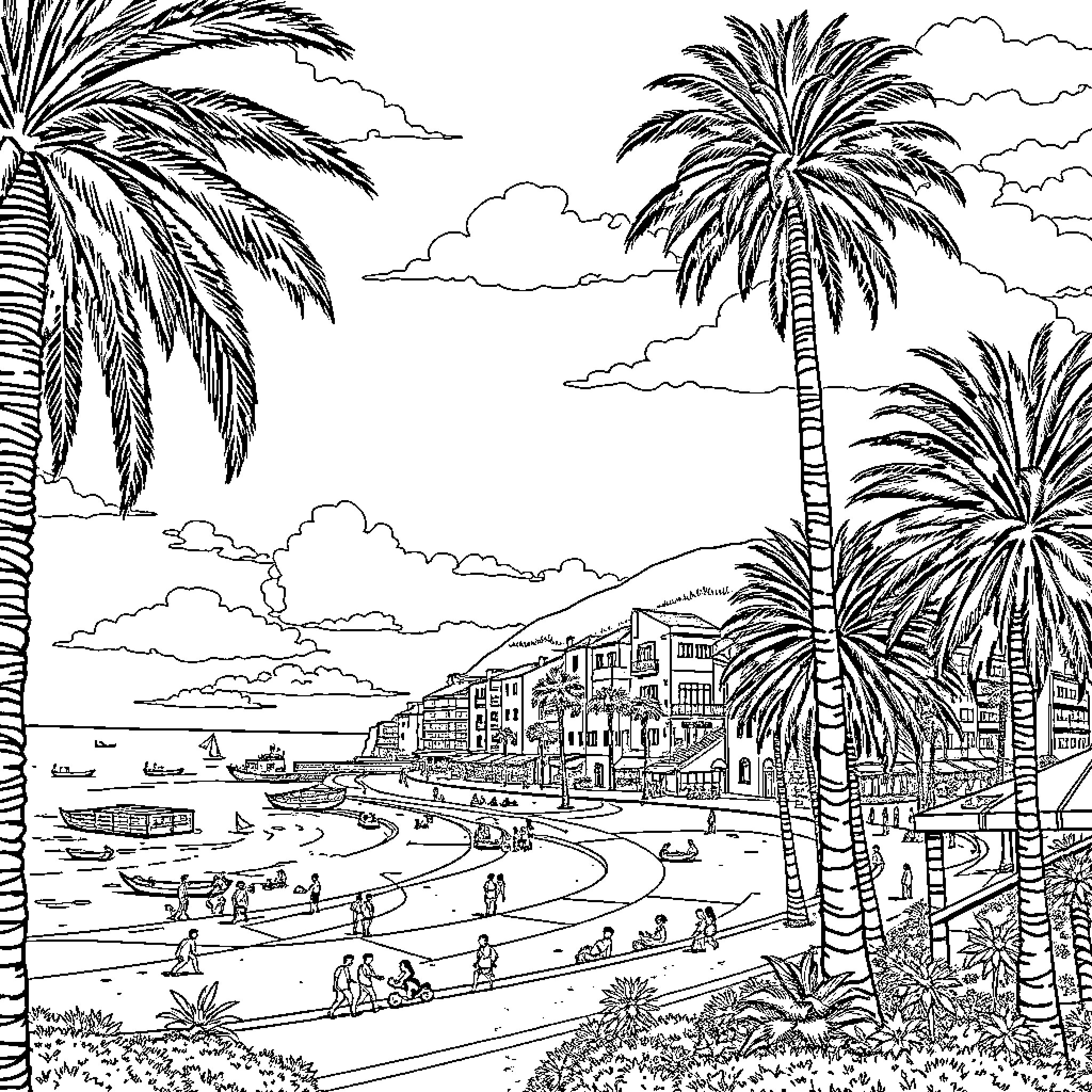 Hyeres les Palmiers: Bustling Seaside Promenade with Swaying Palms Coloring Page (free black-and-white line drawing printable PDF for all, from beginners to advanced learners, including children, teens, adults, and seniors)