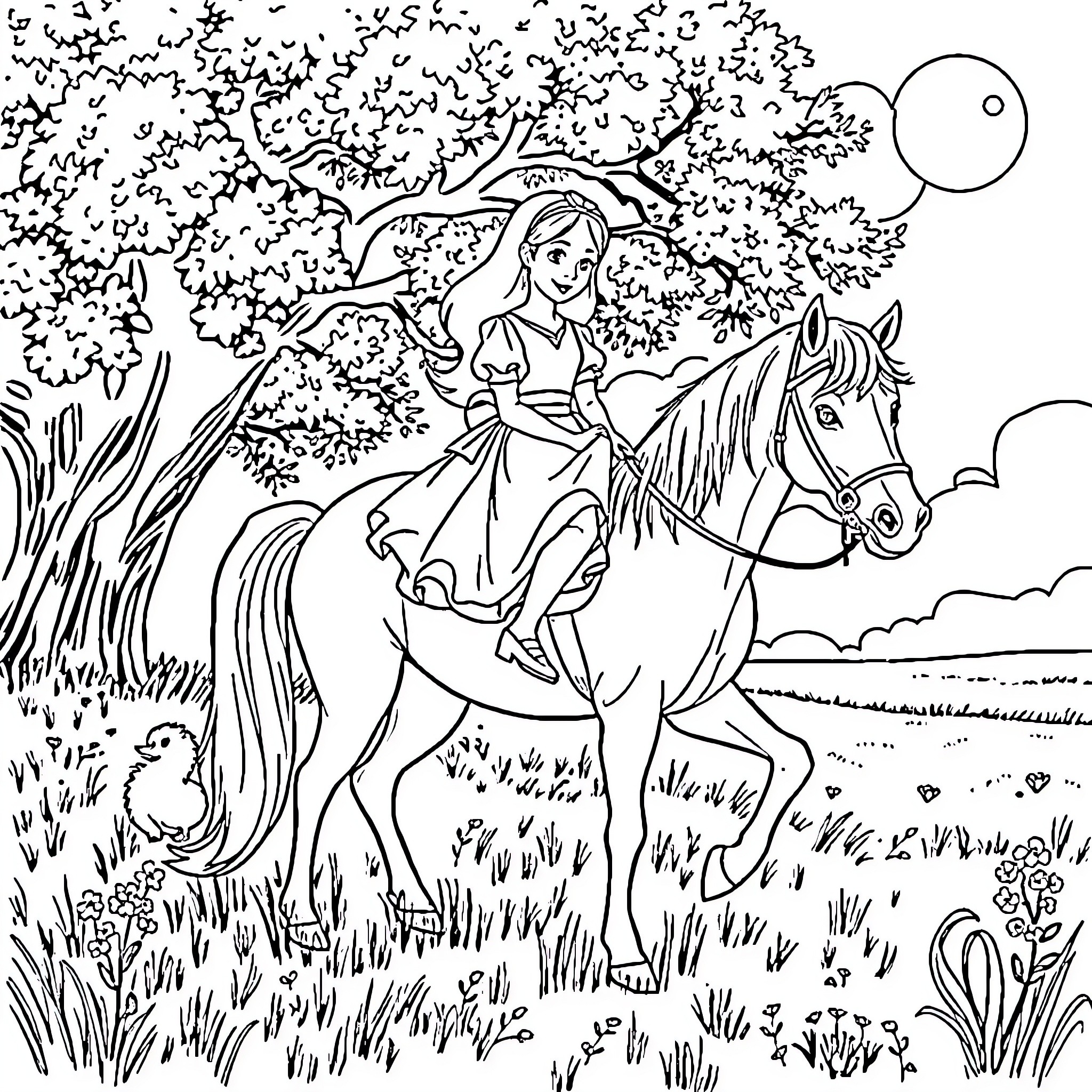 Alice's Enchanting Equine Adventure Coloring Page (free black-and-white line drawing printable PDF for all, from beginners to advanced learners, including children, teens, adults, and seniors)
