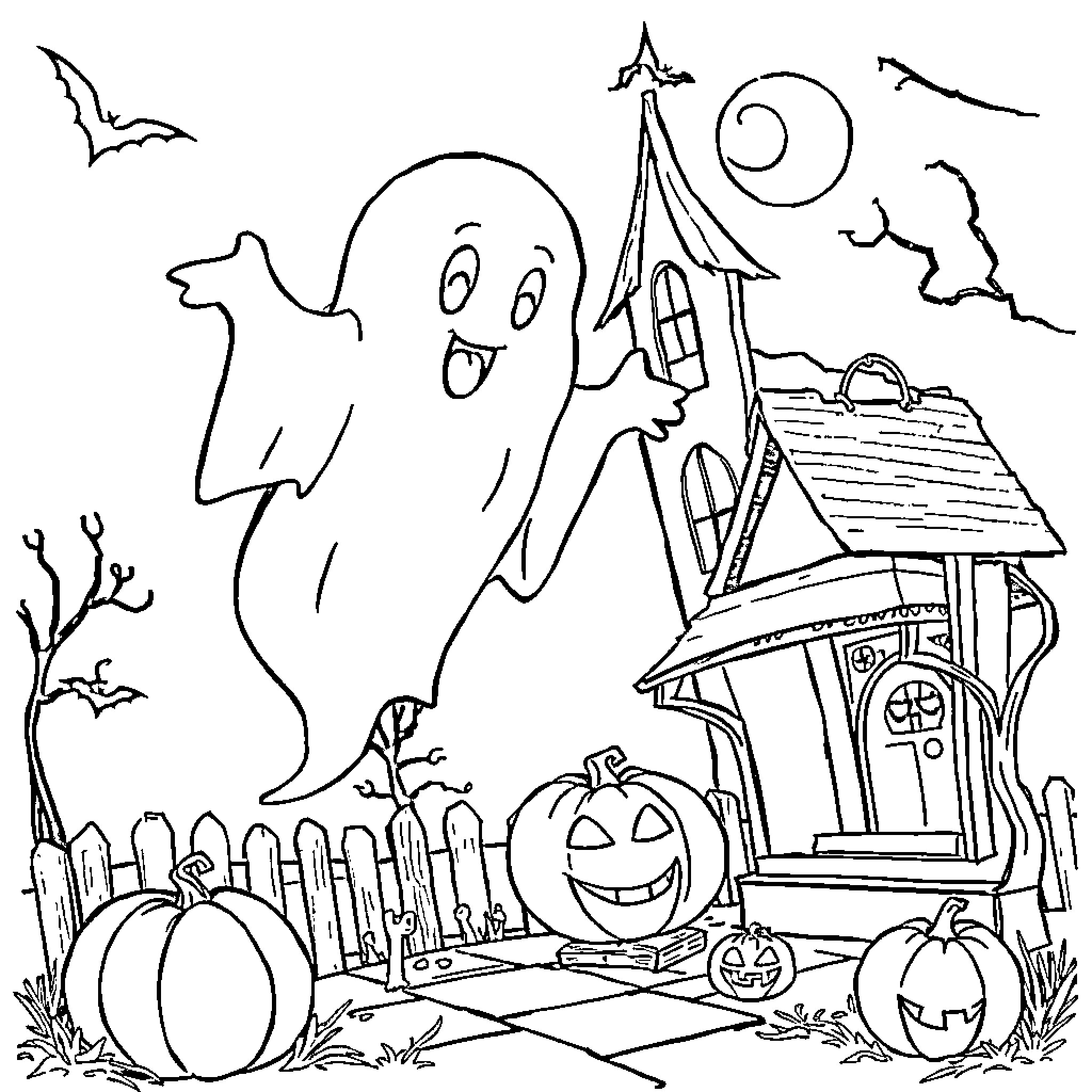Ghost playing joyfully in a haunted house Coloring Page (free black-and-white line drawing printable PDF for all, from beginners to advanced learners, including children, teens, adults, and seniors)