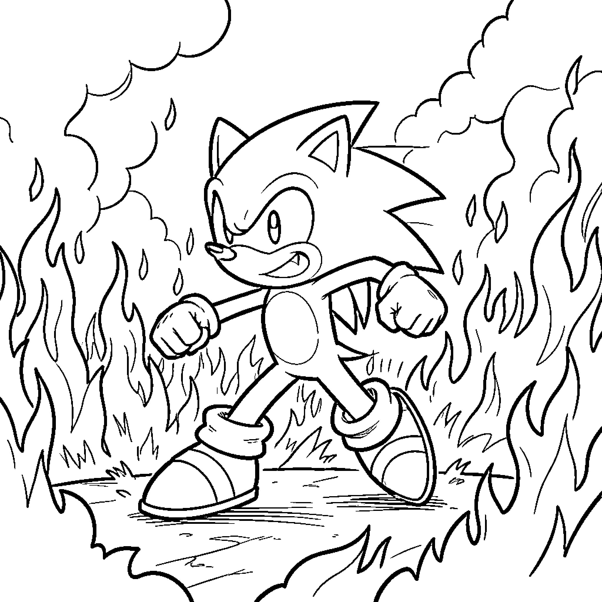 Sonic walking through intense flames with a determined expression Coloring Page (free black-and-white line drawing printable PDF for all, from beginners to advanced learners, including children, teens, adults, and seniors)