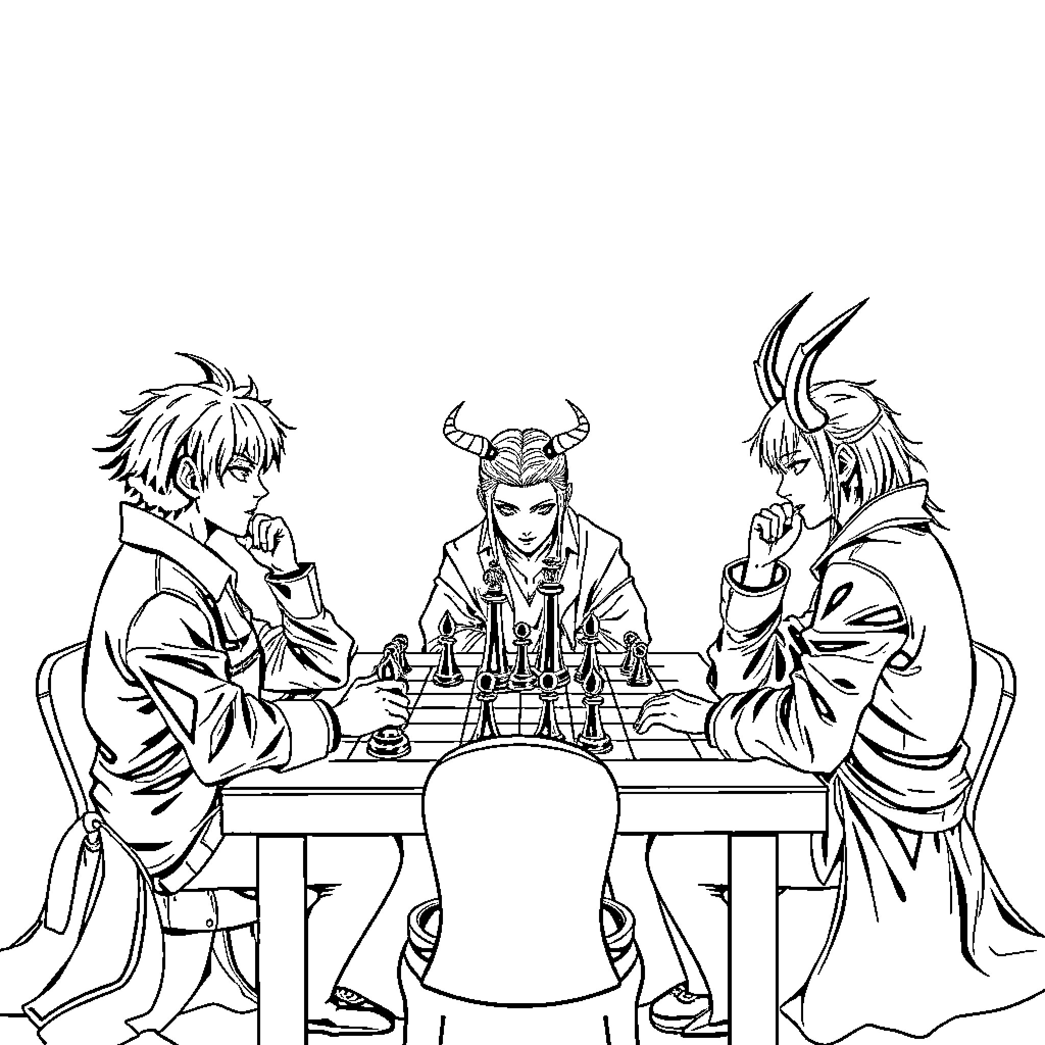 Demon Hunters playing a strategic game Coloring Page (free black-and-white line drawing printable PDF for all, from beginners to advanced learners, including children, teens, adults, and seniors)