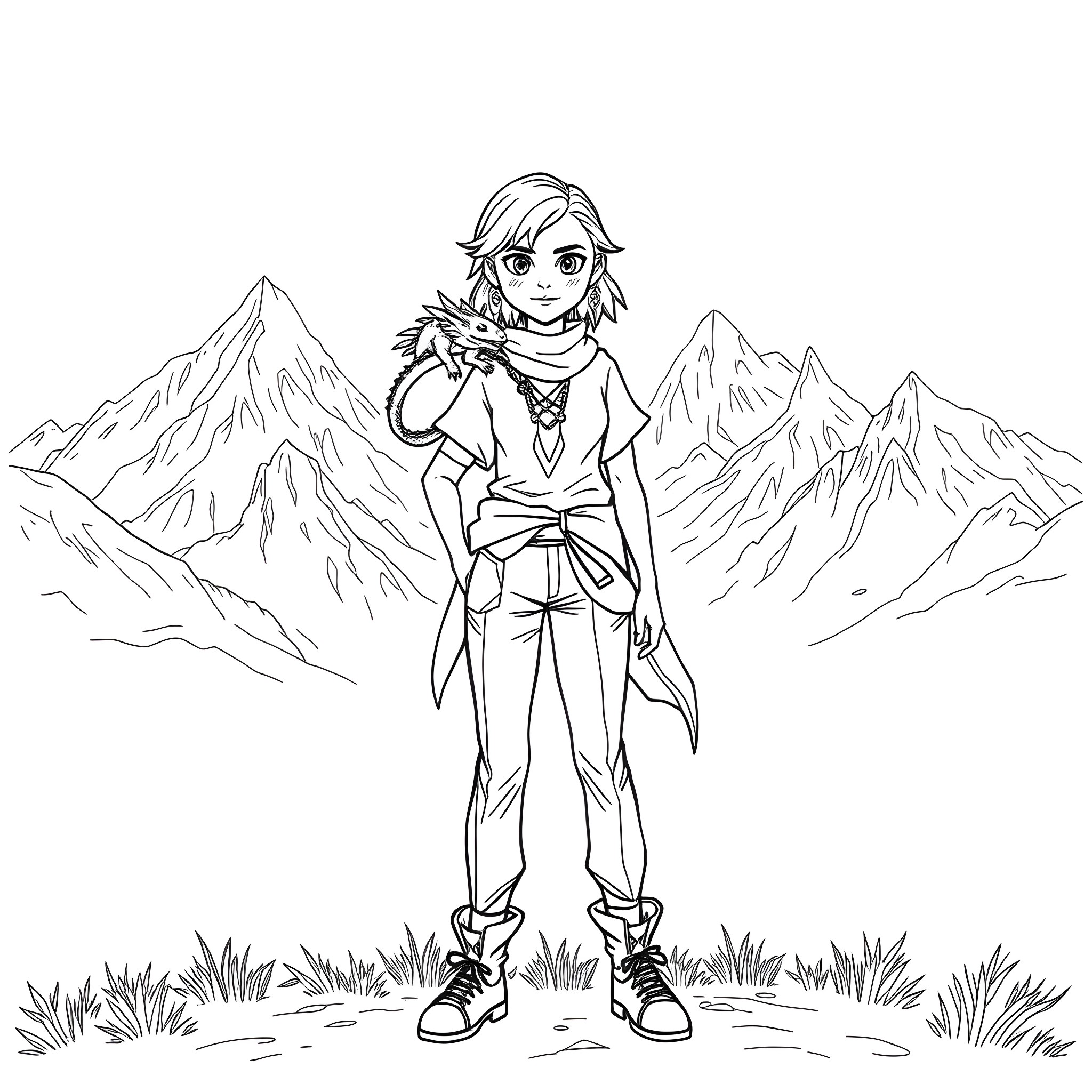 Girl hiking in the mountains with a warm outfit Coloring Page (free black-and-white line drawing printable PDF for all, from beginners to advanced learners, including children, teens, adults, and seniors)