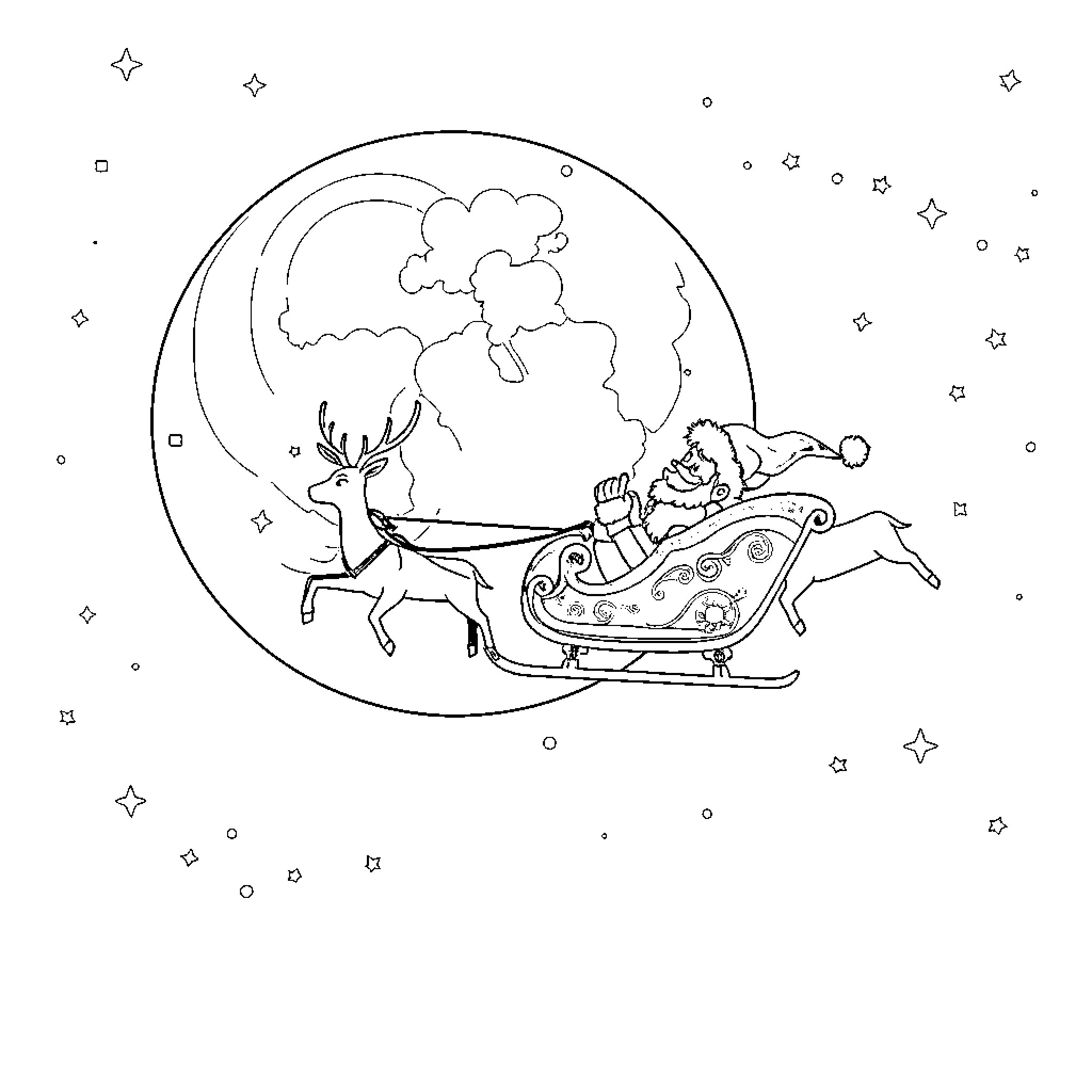 Sleigh ride through the starry night sky Coloring Page (free black-and-white line drawing printable PDF for all, from beginners to advanced learners, including children, teens, adults, and seniors)