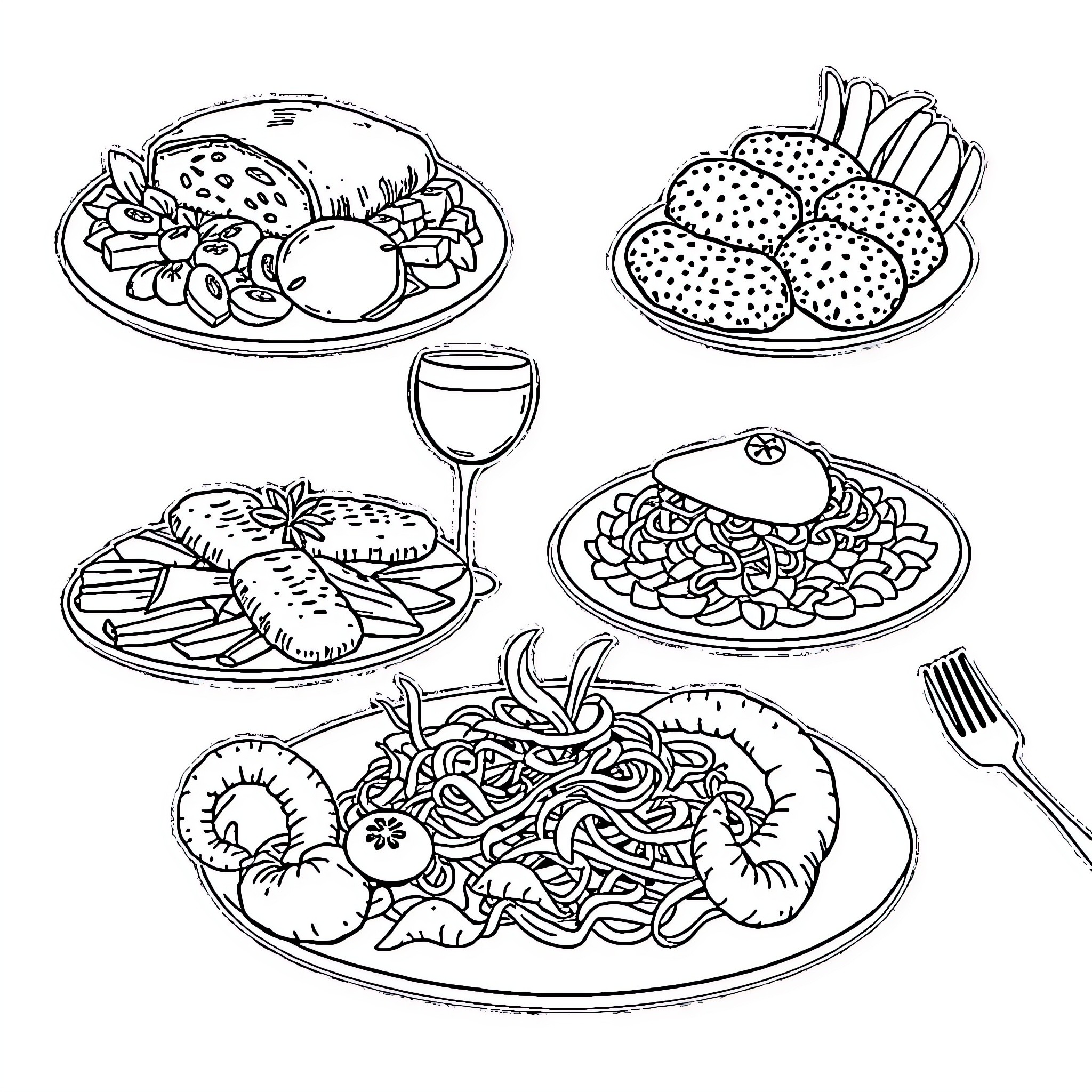 Food Items Depicted in Black and White Coloring Page (free black-and-white line drawing printable PDF for all, from beginners to advanced learners, including children, teens, adults, and seniors)