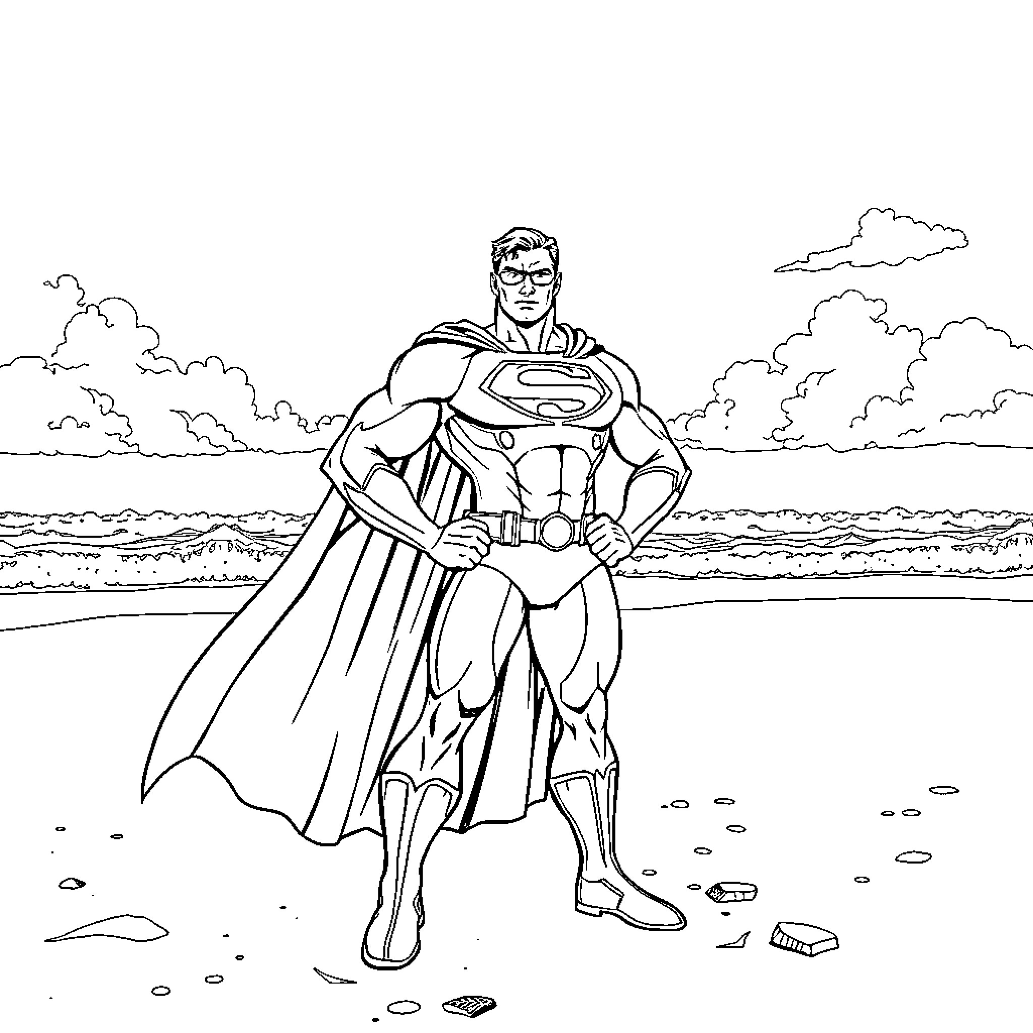 Superhero stands tall on the beach Coloring Page (free black-and-white line drawing printable PDF for all, from beginners to advanced learners, including children, teens, adults, and seniors)