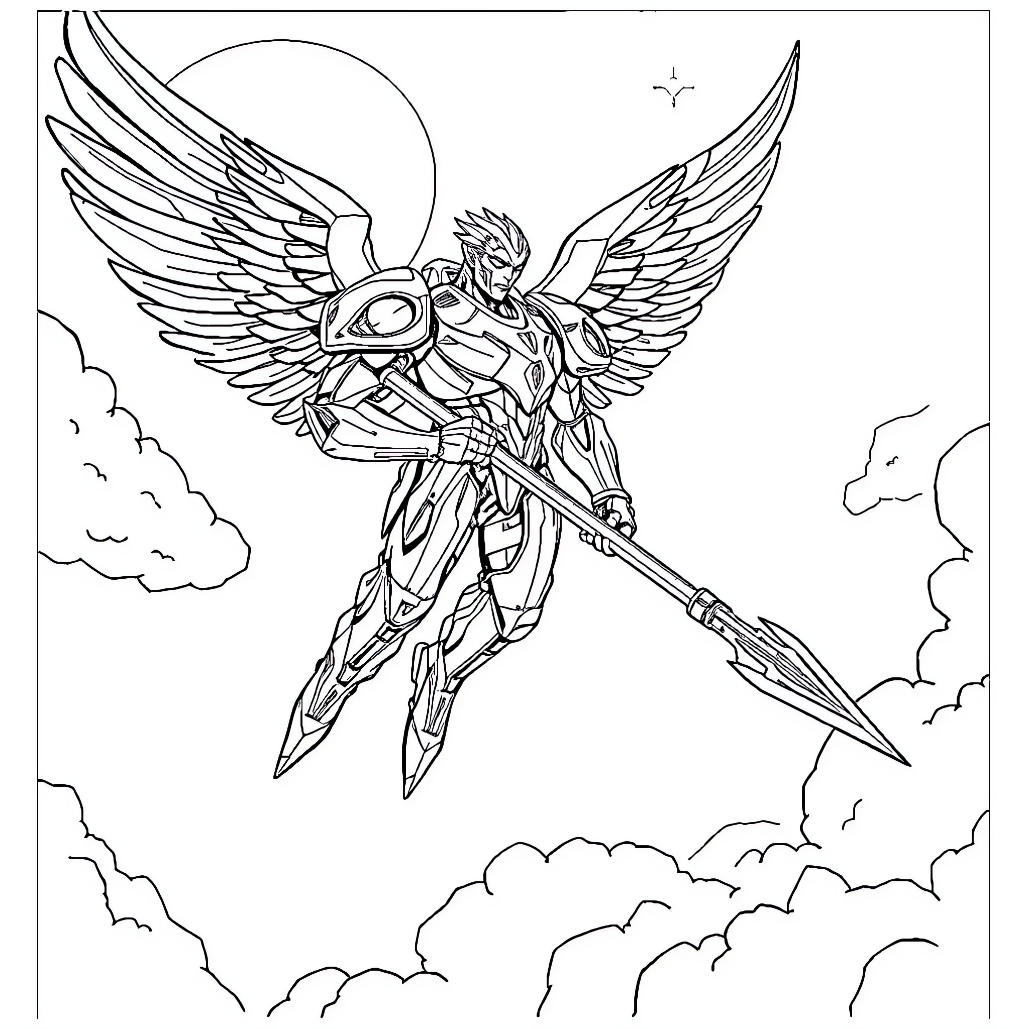 Archangel in armored combat stance with wings Coloring Page (free black-and-white line drawing printable PDF for all, from beginners to advanced learners, including children, teens, adults, and seniors)