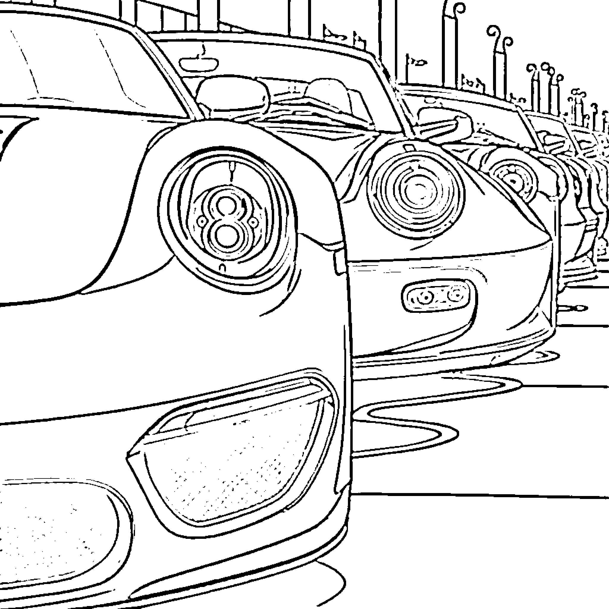 Car lineup with unique designs Coloring Page (free black-and-white line drawing printable PDF for all, from beginners to advanced learners, including children, teens, adults, and seniors)