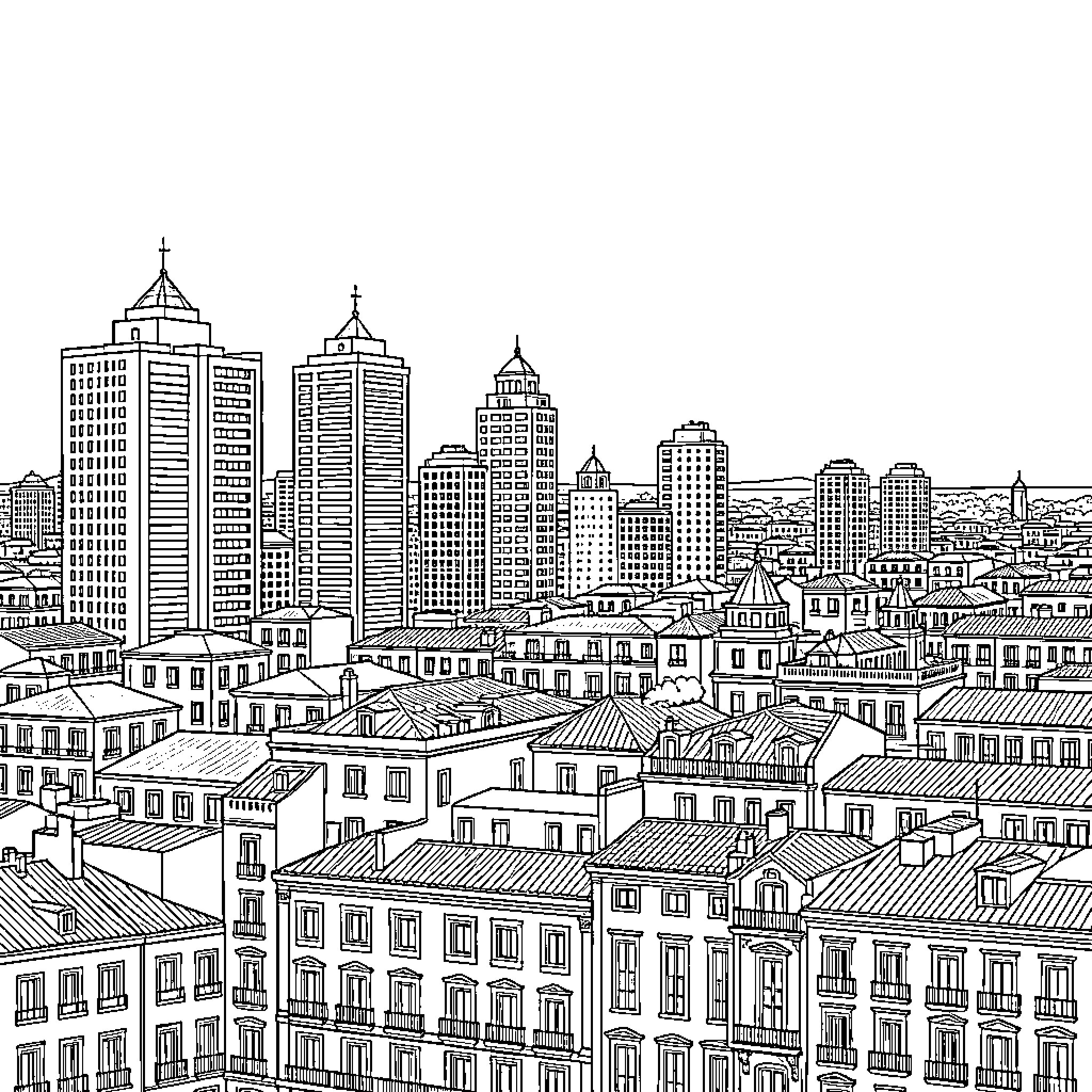 Skyline of a bustling city with towering buildings Coloring Page (free black-and-white line drawing printable PDF for all, from beginners to advanced learners, including children, teens, adults, and seniors)