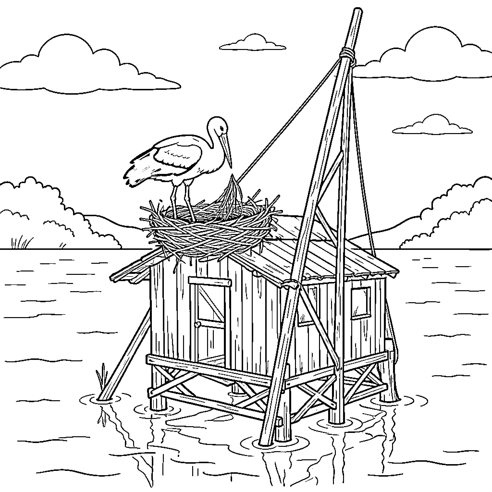 Cigogne standing in a nest atop a wooden structure Coloring Page (free black-and-white line drawing printable PDF for all, from beginners to advanced learners, including children, teens, adults, and seniors)