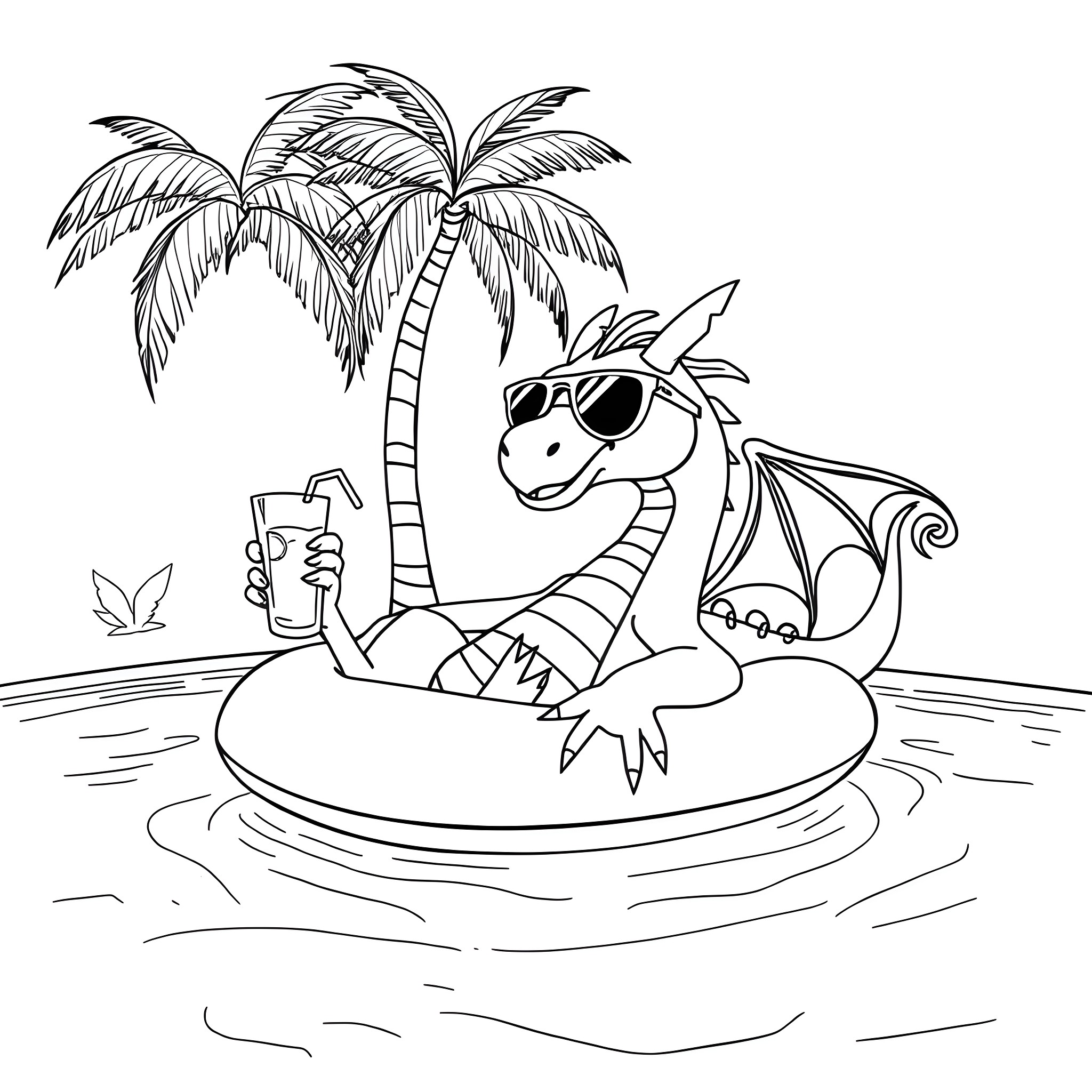 Dragon relaxing with drink on inflatable ring Coloring Page (free black-and-white line drawing printable PDF for all, from beginners to advanced learners, including children, teens, adults, and seniors)