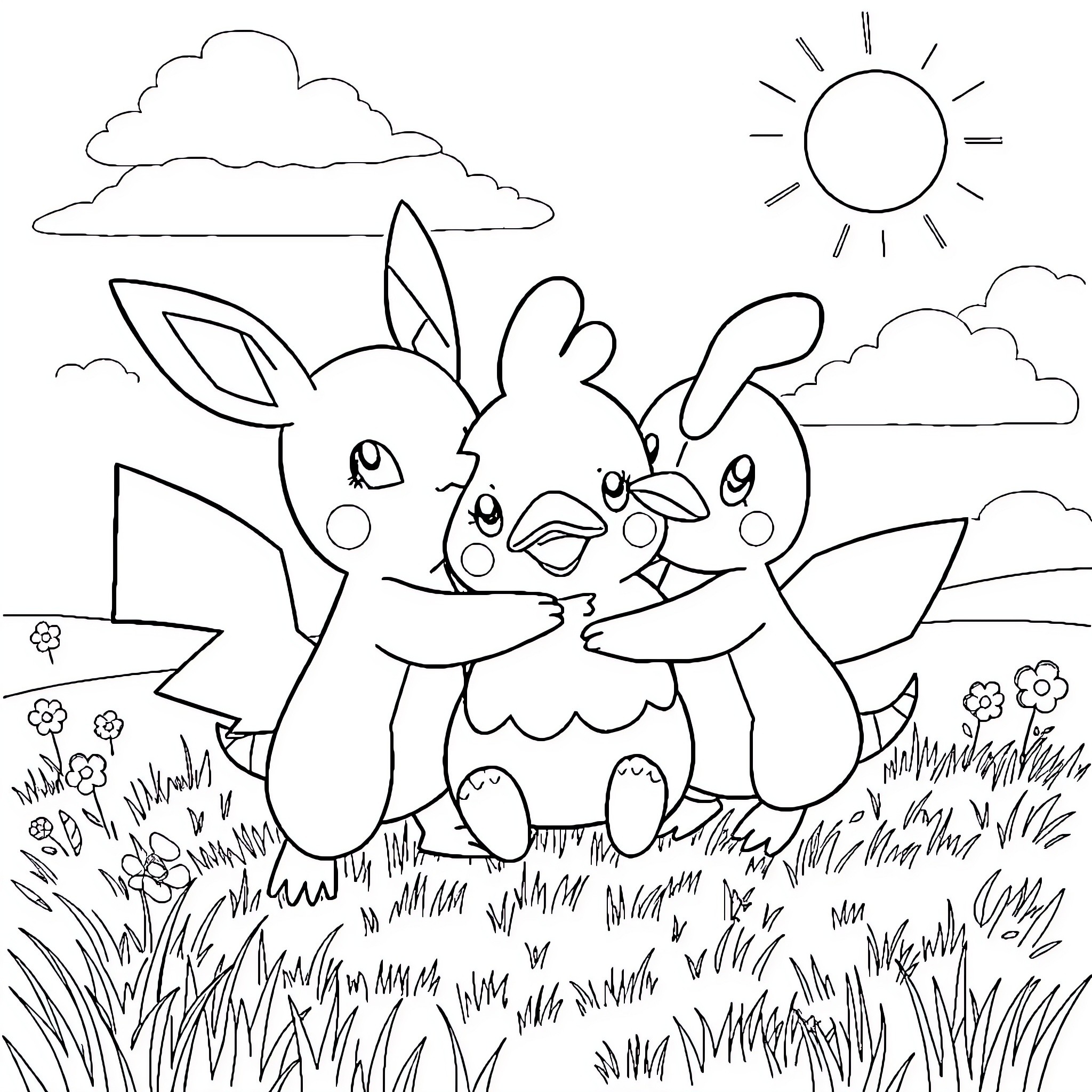 Mudkip and friends explore the sunny outdoors Coloring Page (free black-and-white line drawing printable PDF for all, from beginners to advanced learners, including children, teens, adults, and seniors)