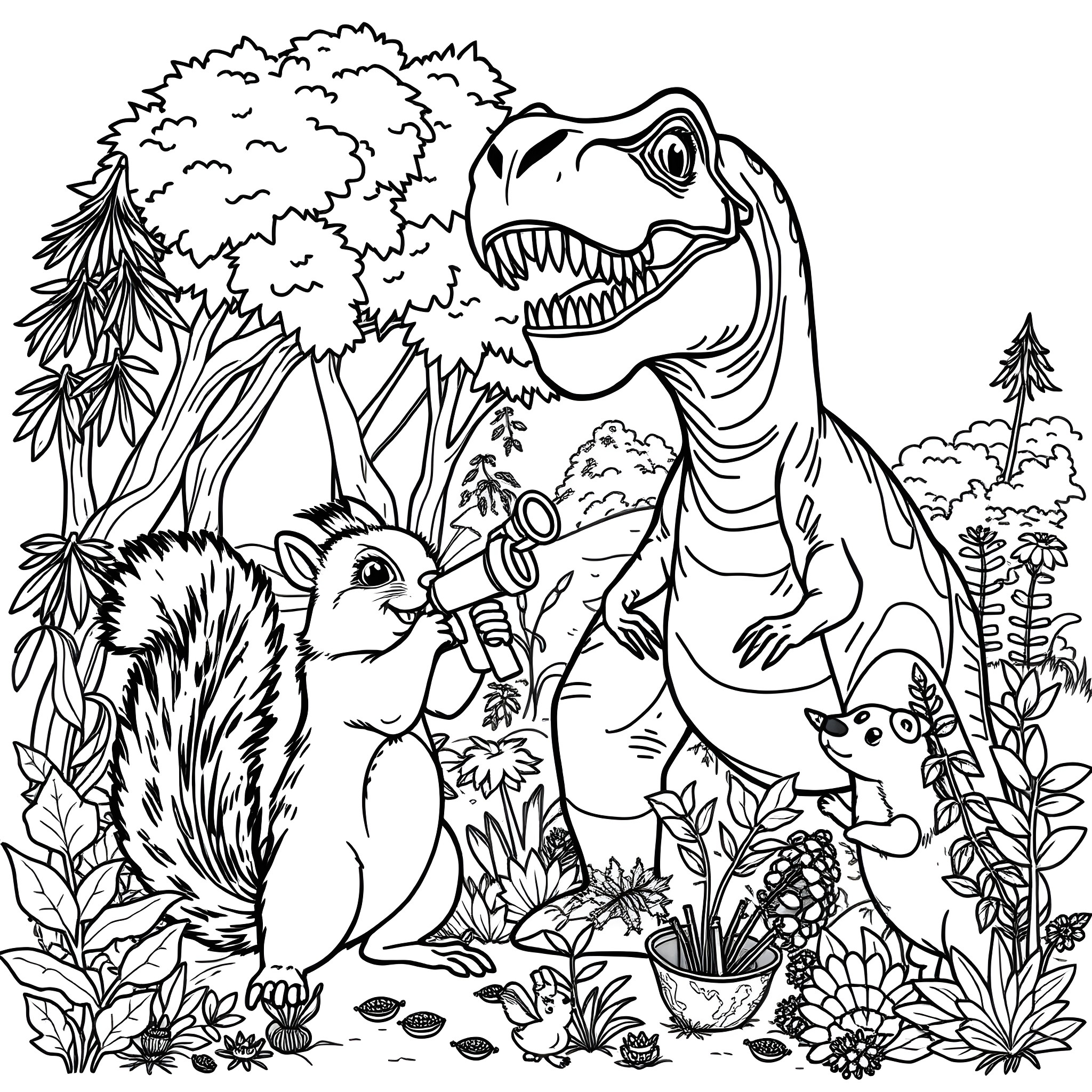Squirrel and Dinosaur Encounter in the Lush Forest Coloring Page (free black-and-white line drawing printable PDF for all, from beginners to advanced learners, including children, teens, adults, and seniors)