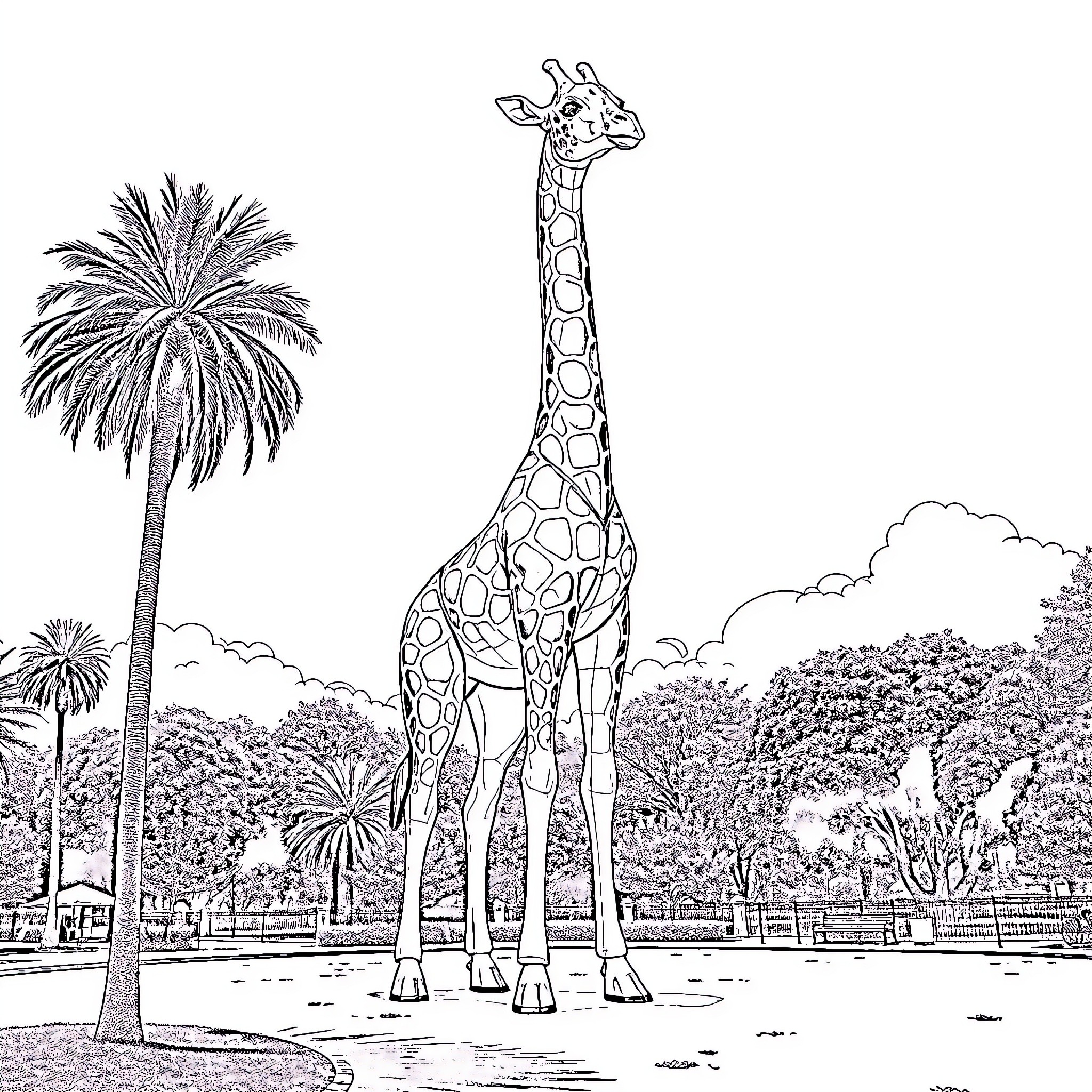 Giraffe standing tall in lush wildlife scene Coloring Page (free black-and-white line drawing printable PDF for all, from beginners to advanced learners, including children, teens, adults, and seniors)