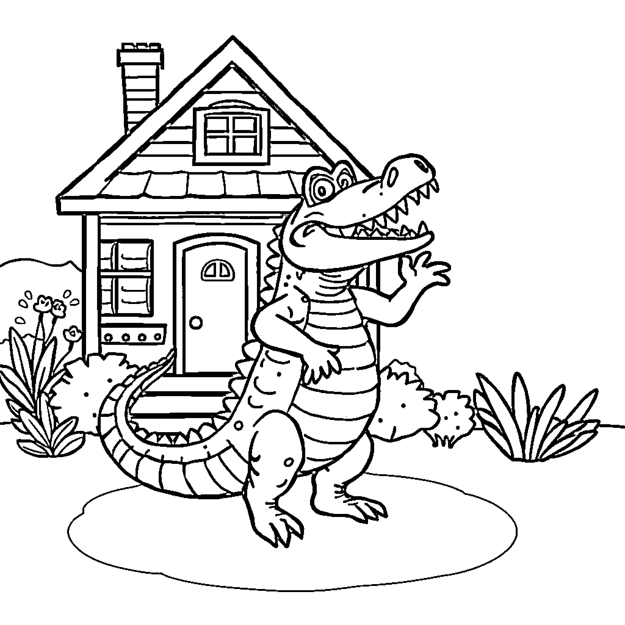 Crocodile guarding a cozy cottage in the garden Coloring Page (free black-and-white line drawing printable PDF for all, from beginners to advanced learners, including children, teens, adults, and seniors)