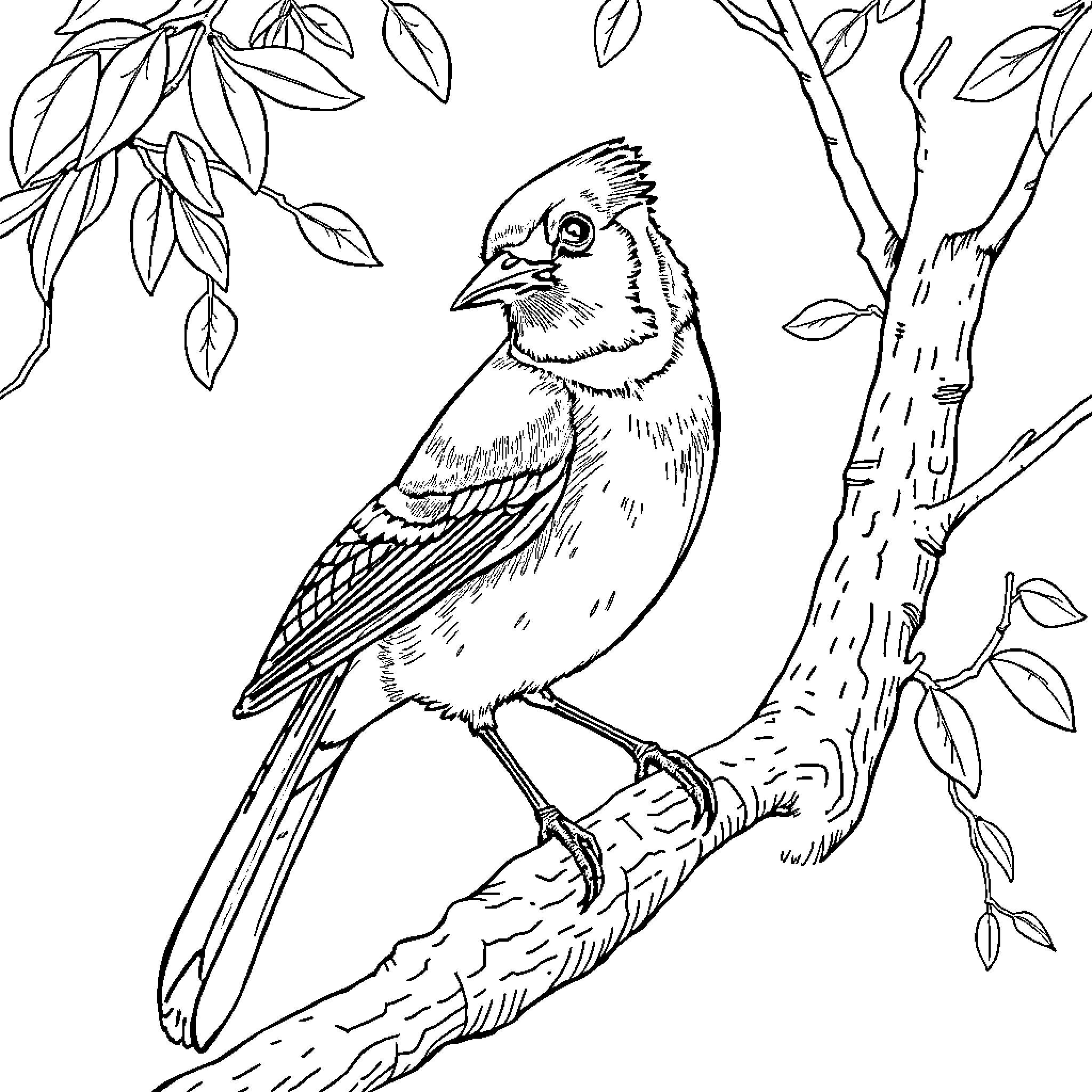 Blue Jay perched on tree branch Coloring Page (free black-and-white line drawing printable PDF for all, from beginners to advanced learners, including children, teens, adults, and seniors)