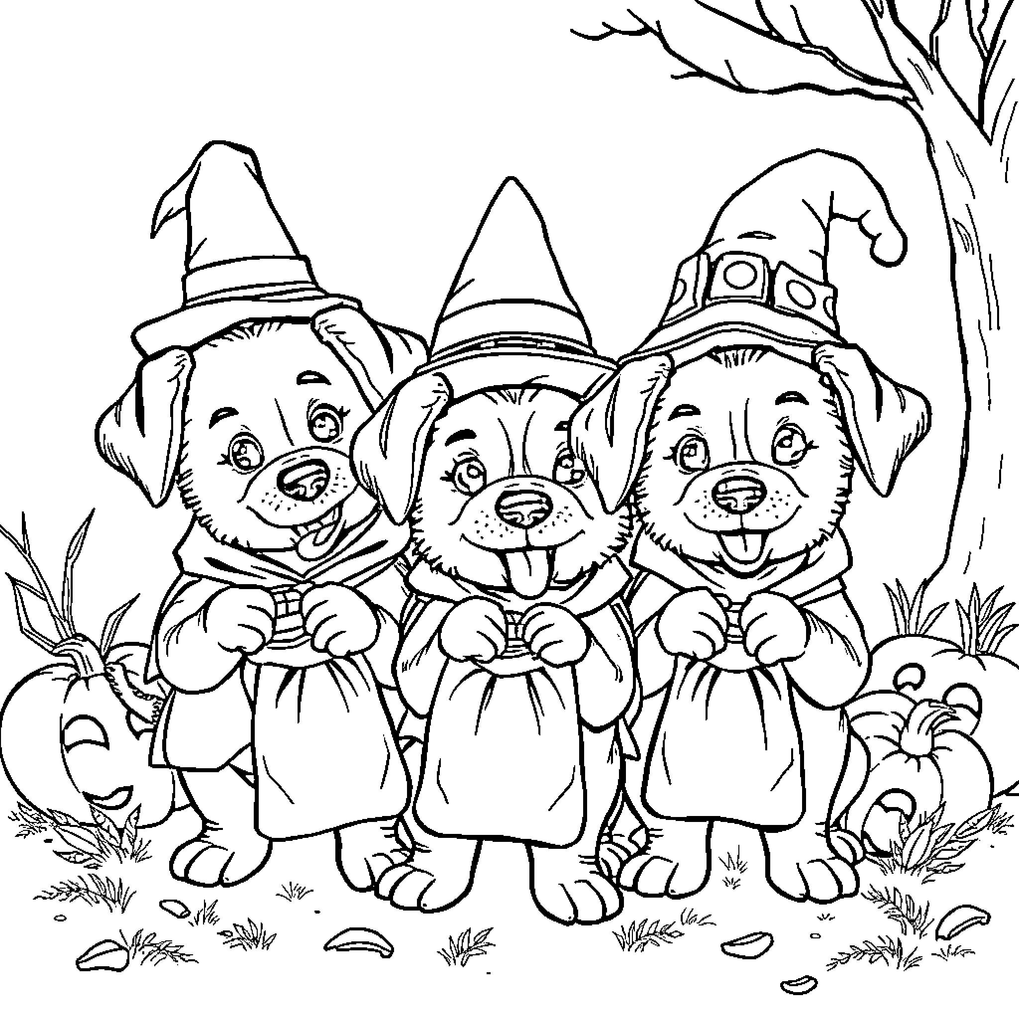 Puppies dressed up for Halloween adventure Coloring Page (free black-and-white line drawing printable PDF for all, from beginners to advanced learners, including children, teens, adults, and seniors)