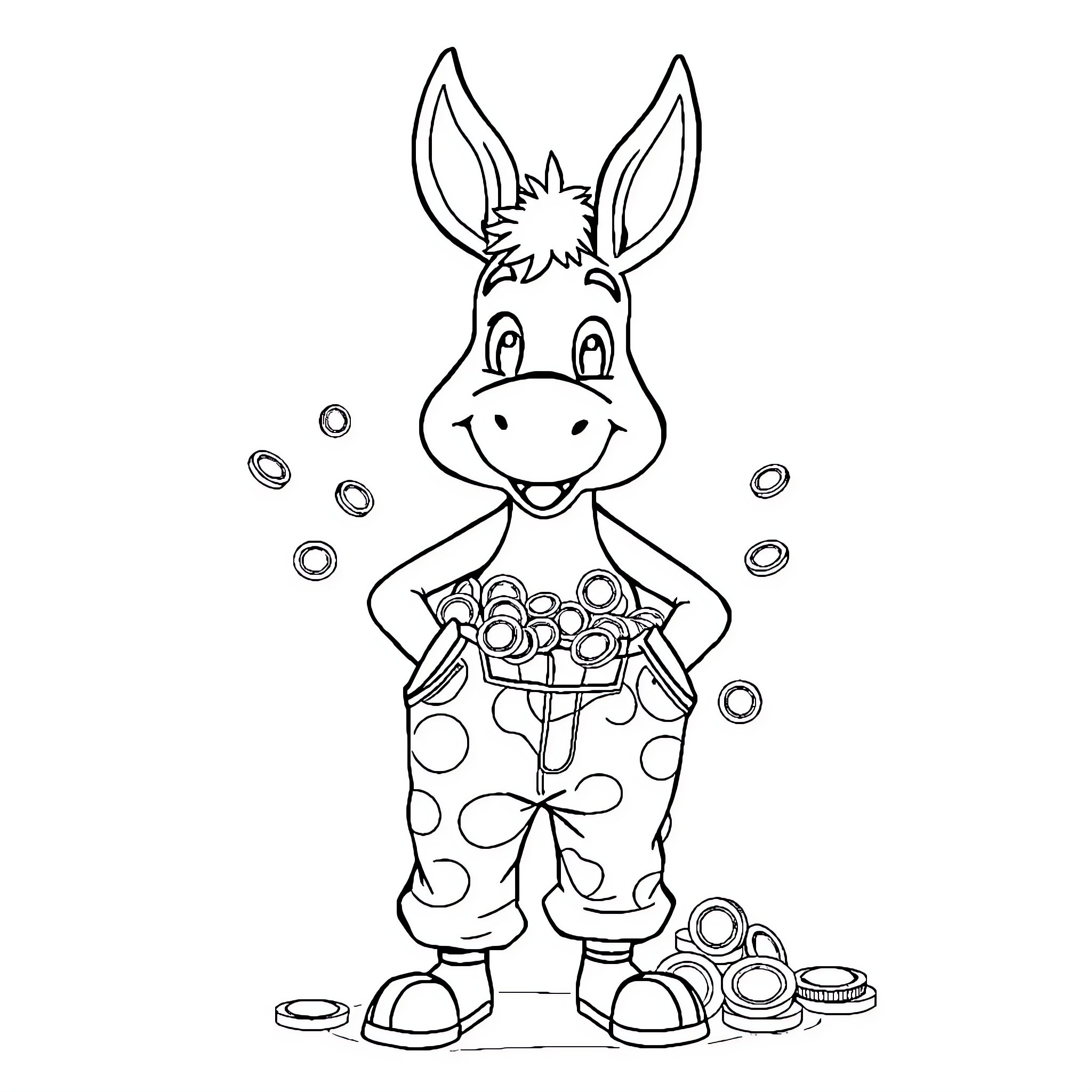 Donkey holding a basket of donuts Coloring Page (free black-and-white line drawing printable PDF for all, from beginners to advanced learners, including children, teens, adults, and seniors)