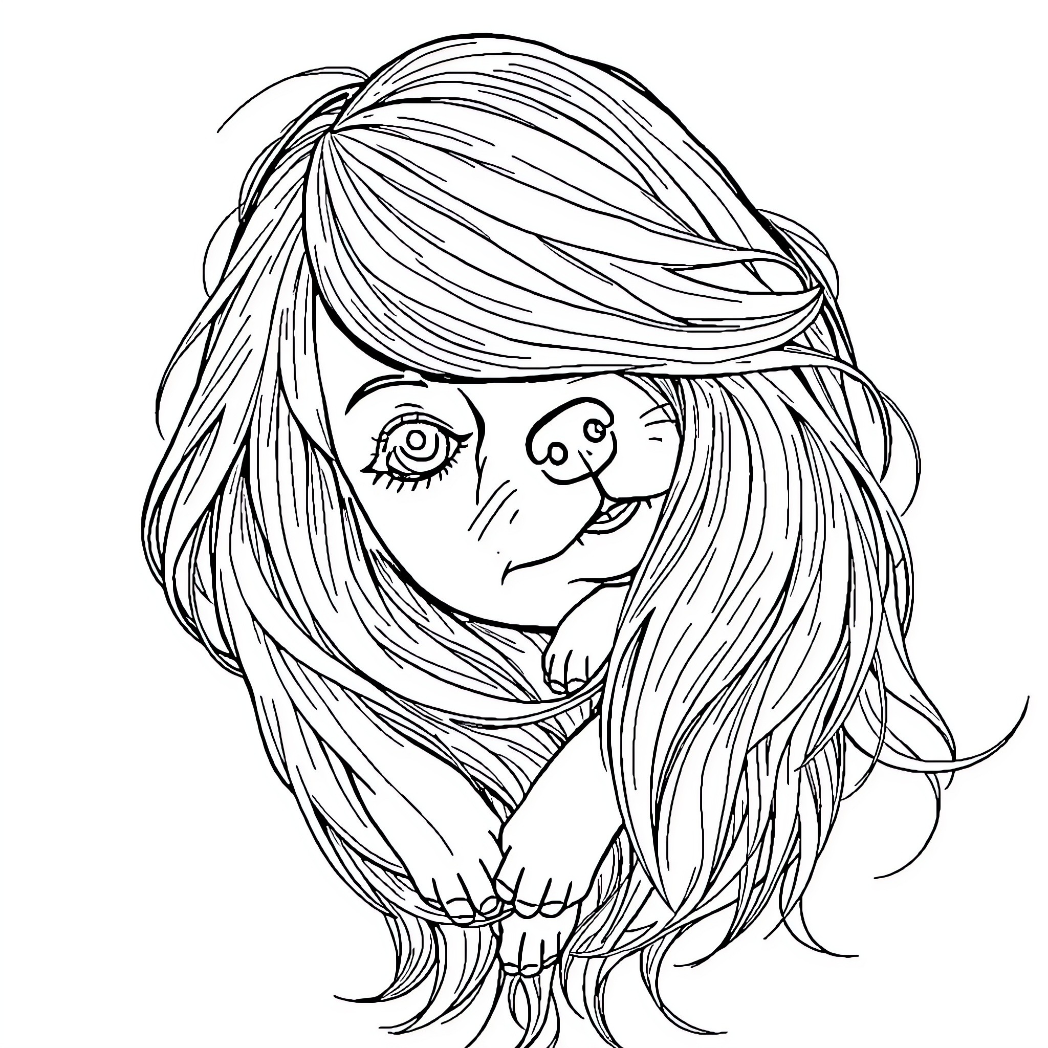 Dog with messy, windblown hairstyle Coloring Page (free black-and-white line drawing printable PDF for all, from beginners to advanced learners, including children, teens, adults, and seniors)