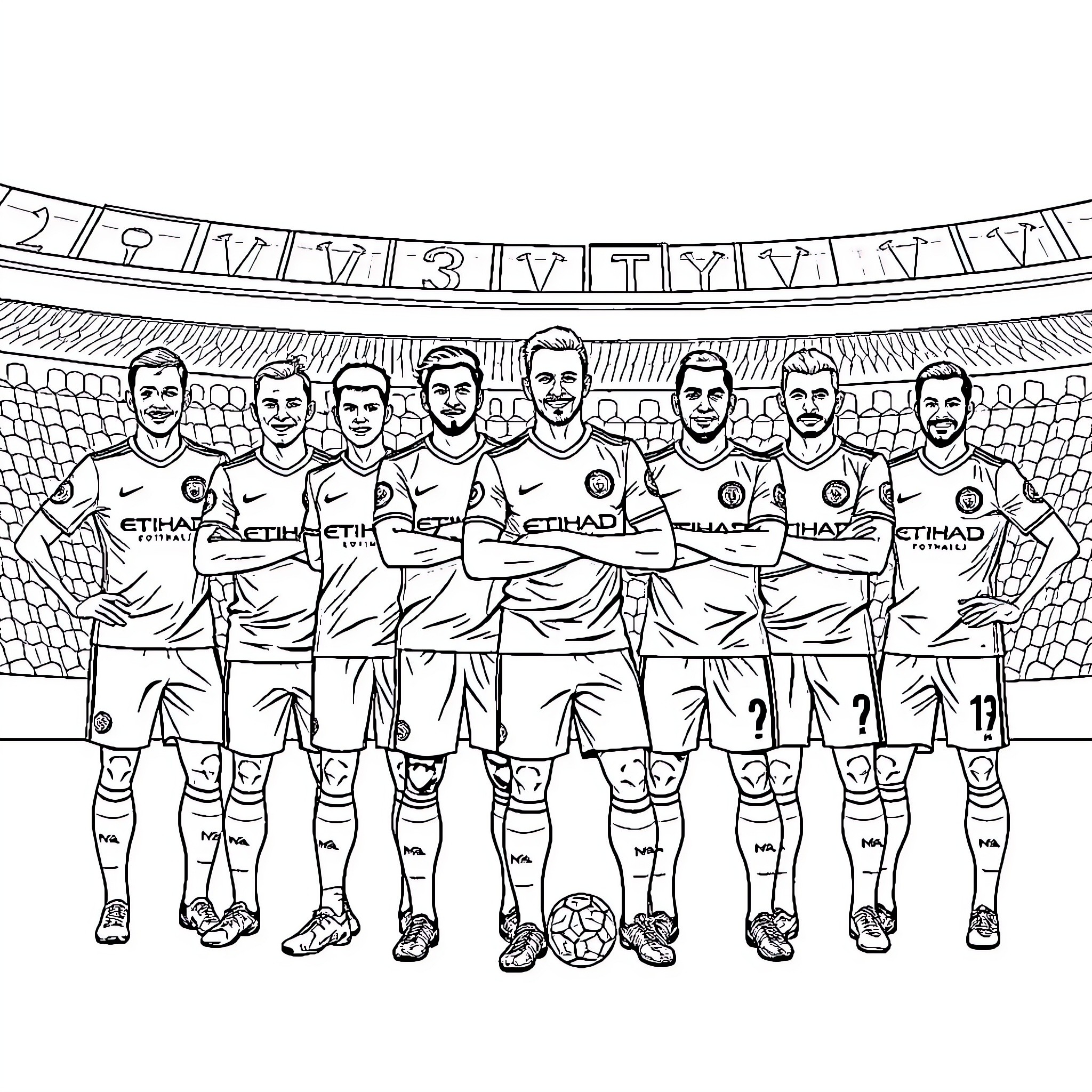Manchester City players in uniform posing on field Coloring Page (free black-and-white line drawing printable PDF for all, from beginners to advanced learners, including children, teens, adults, and seniors)