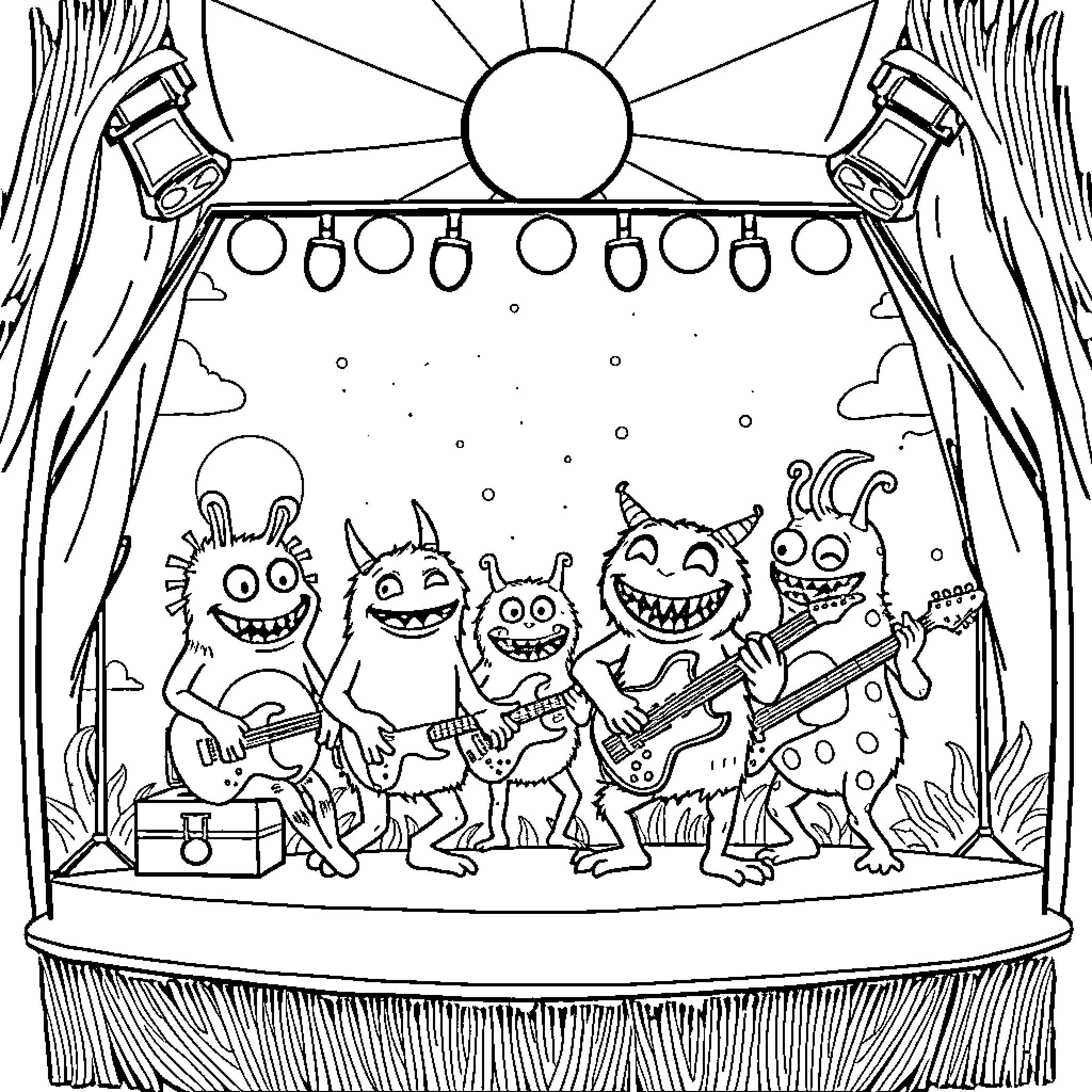 Monster band performing on a stage Coloring Page (free black-and-white line drawing printable PDF for all, from beginners to advanced learners, including children, teens, adults, and seniors)