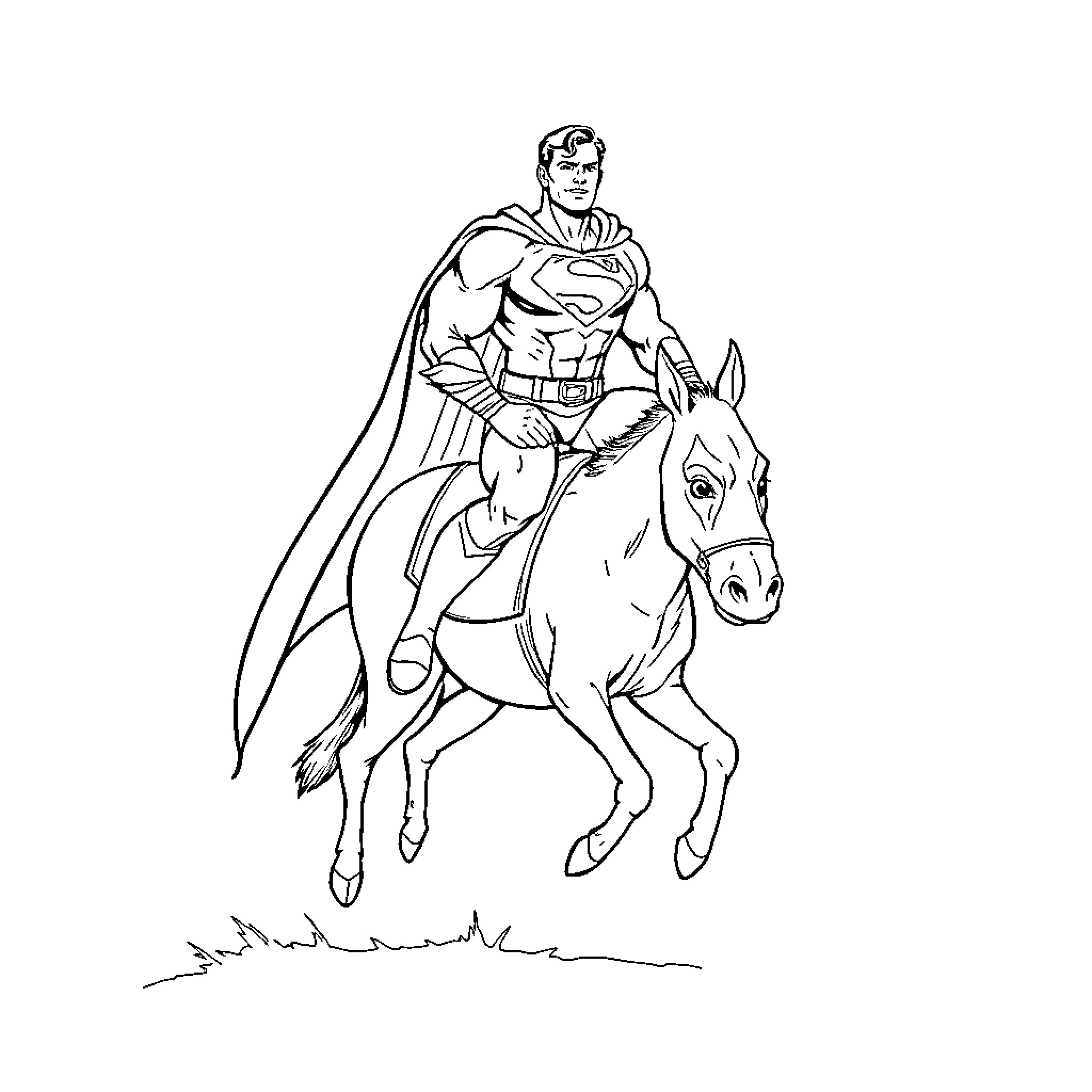 Superman riding heroically on horseback Coloring Page (free black-and-white line drawing printable PDF for all, from beginners to advanced learners, including children, teens, adults, and seniors)
