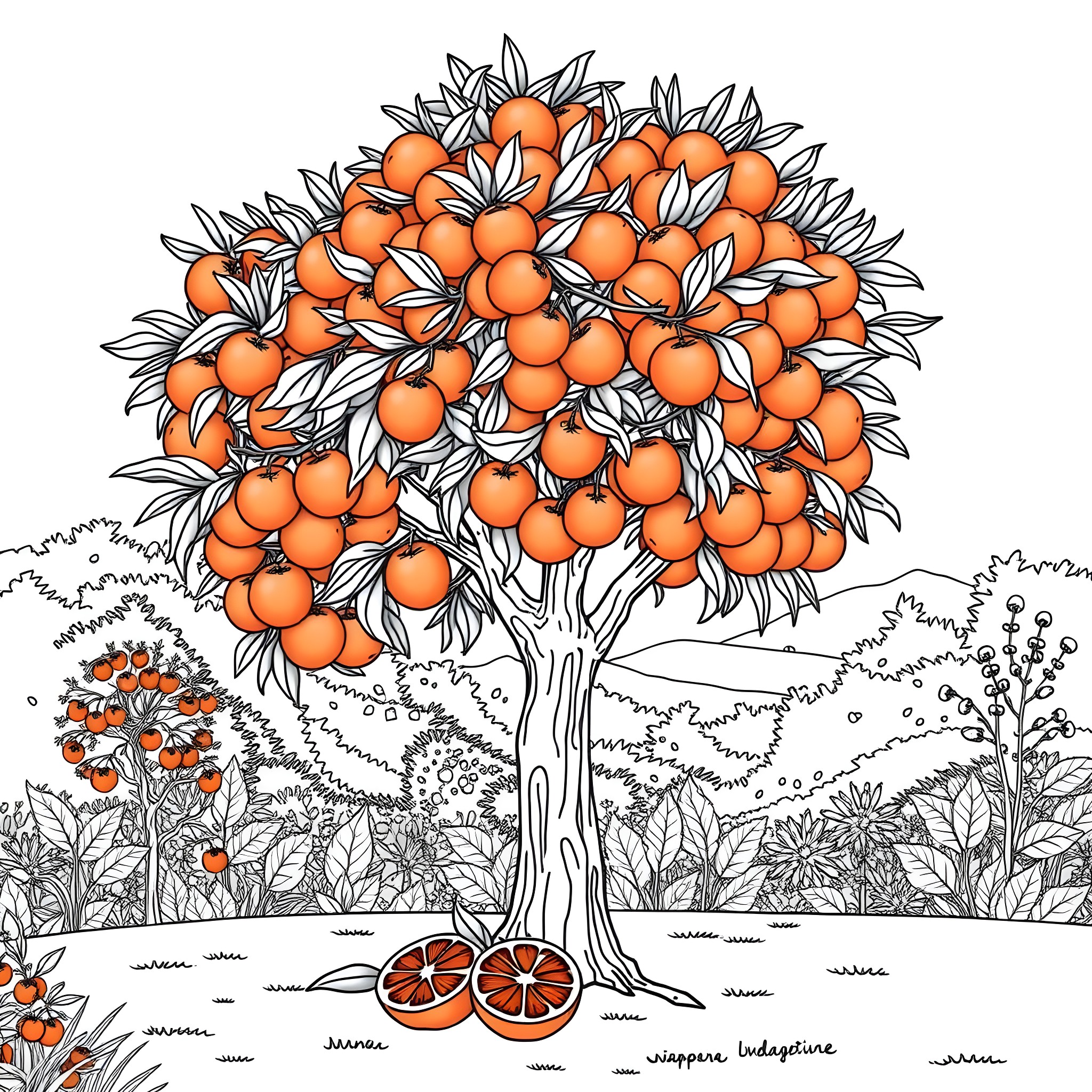 African Cherry Orange Tree with Lush Foliage Coloring Page (free black-and-white line drawing printable PDF for all, from beginners to advanced learners, including children, teens, adults, and seniors)