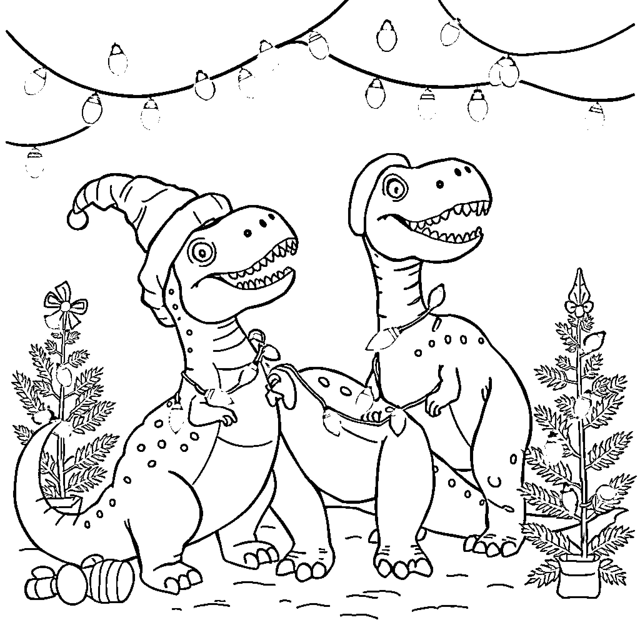 Dinosaurs having fun in a festive scene Coloring Page (free black-and-white line drawing printable PDF for all, from beginners to advanced learners, including children, teens, adults, and seniors)