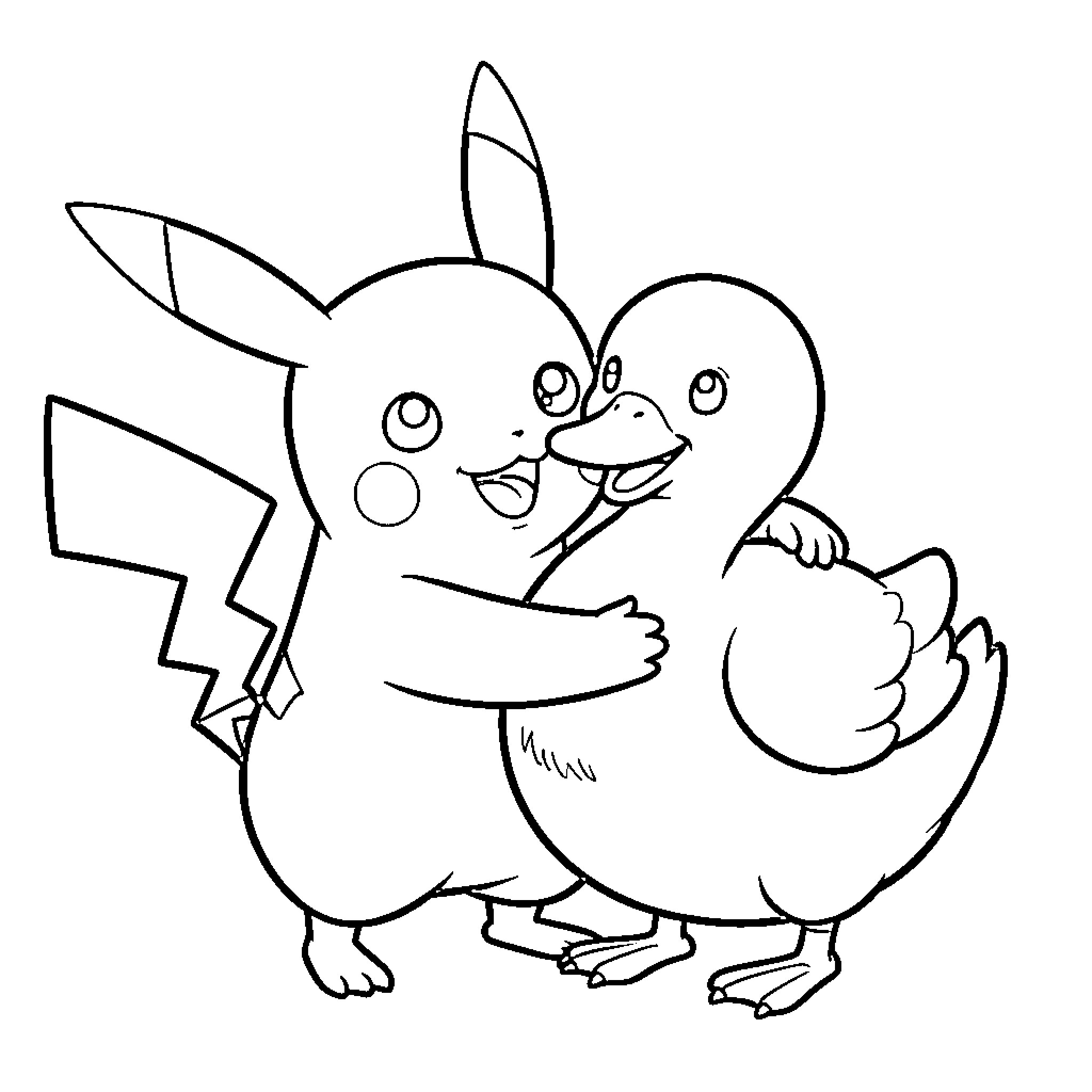 Pikachu hugging a cute chick Coloring Page (free black-and-white line drawing printable PDF for all, from beginners to advanced learners, including children, teens, adults, and seniors)