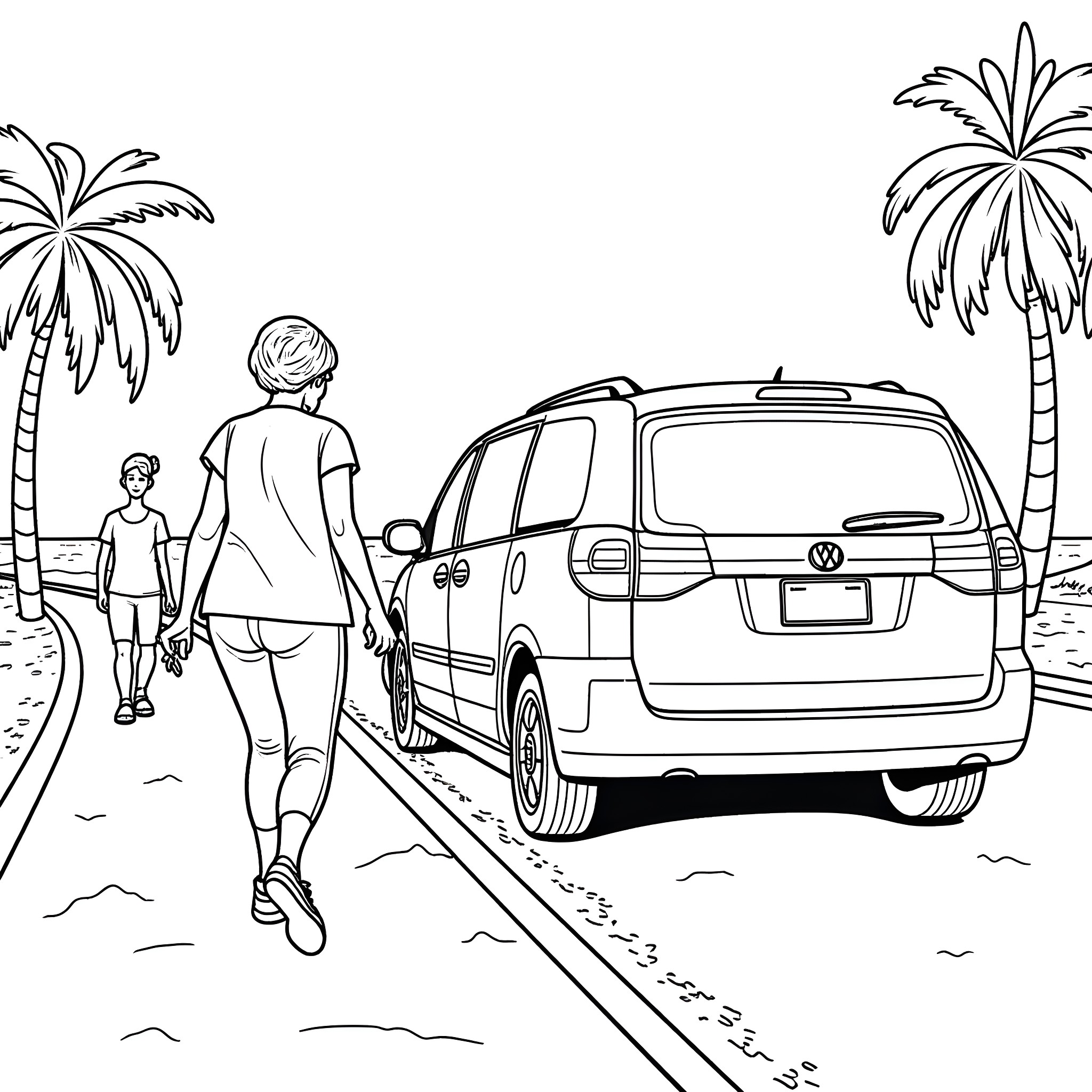 Woman walking with child on a beach road near vehicle Coloring Page (free black-and-white line drawing printable PDF for all, from beginners to advanced learners, including children, teens, adults, and seniors)