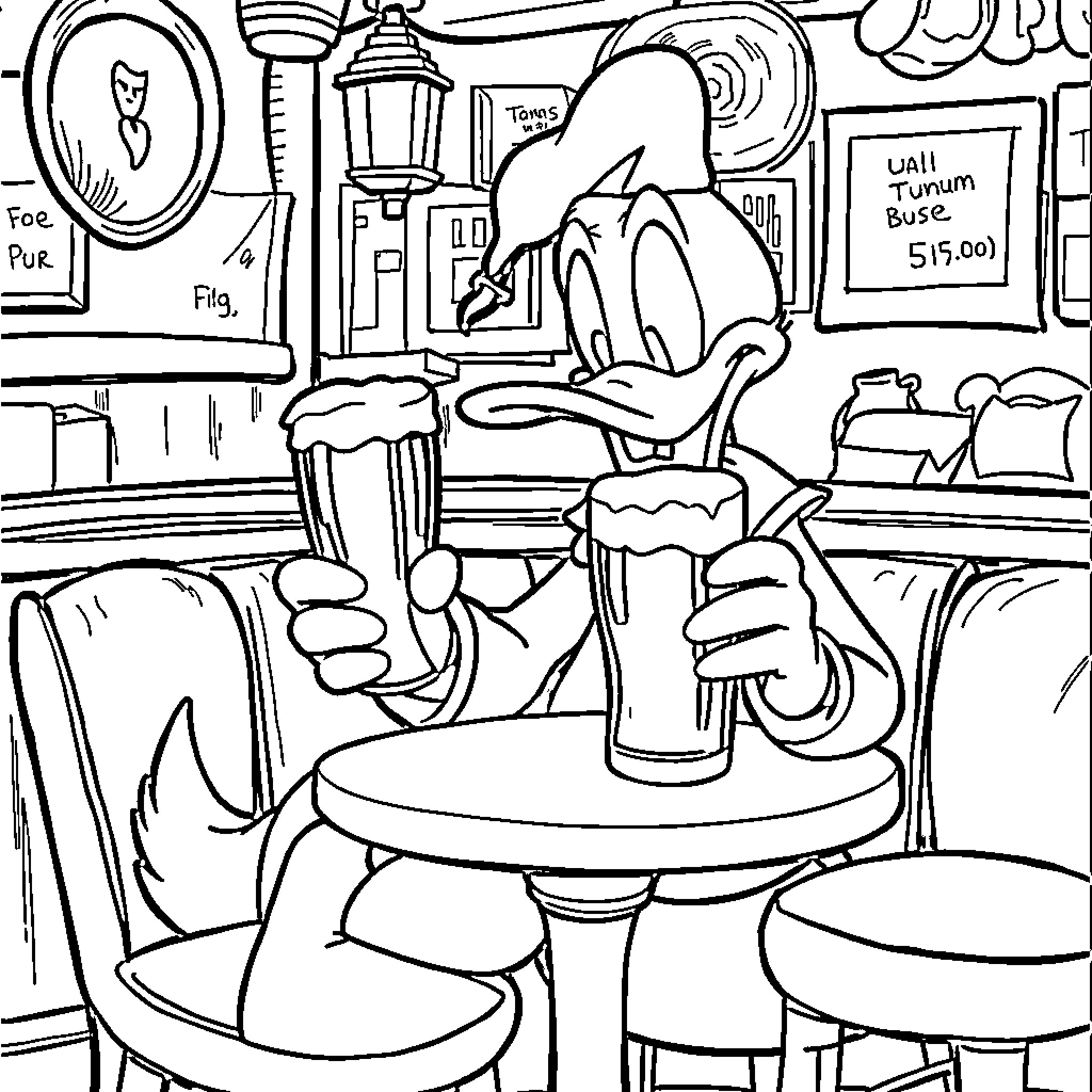 Donald Duck enjoying a drink at a diner Coloring Page (free black-and-white line drawing printable PDF for all, from beginners to advanced learners, including children, teens, adults, and seniors)