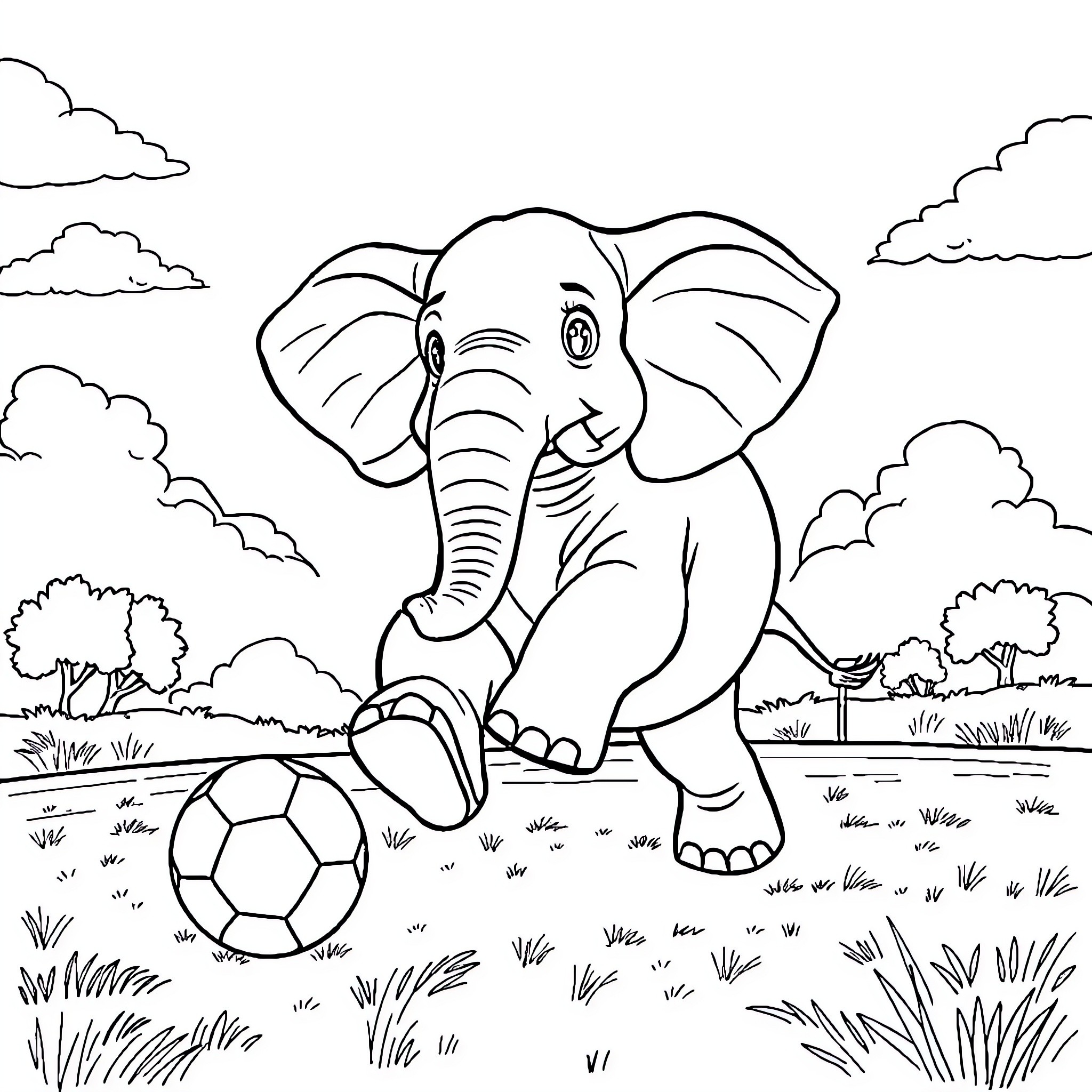 Elephant playing with soccer ball in the park Coloring Page (free black-and-white line drawing printable PDF for all, from beginners to advanced learners, including children, teens, adults, and seniors)