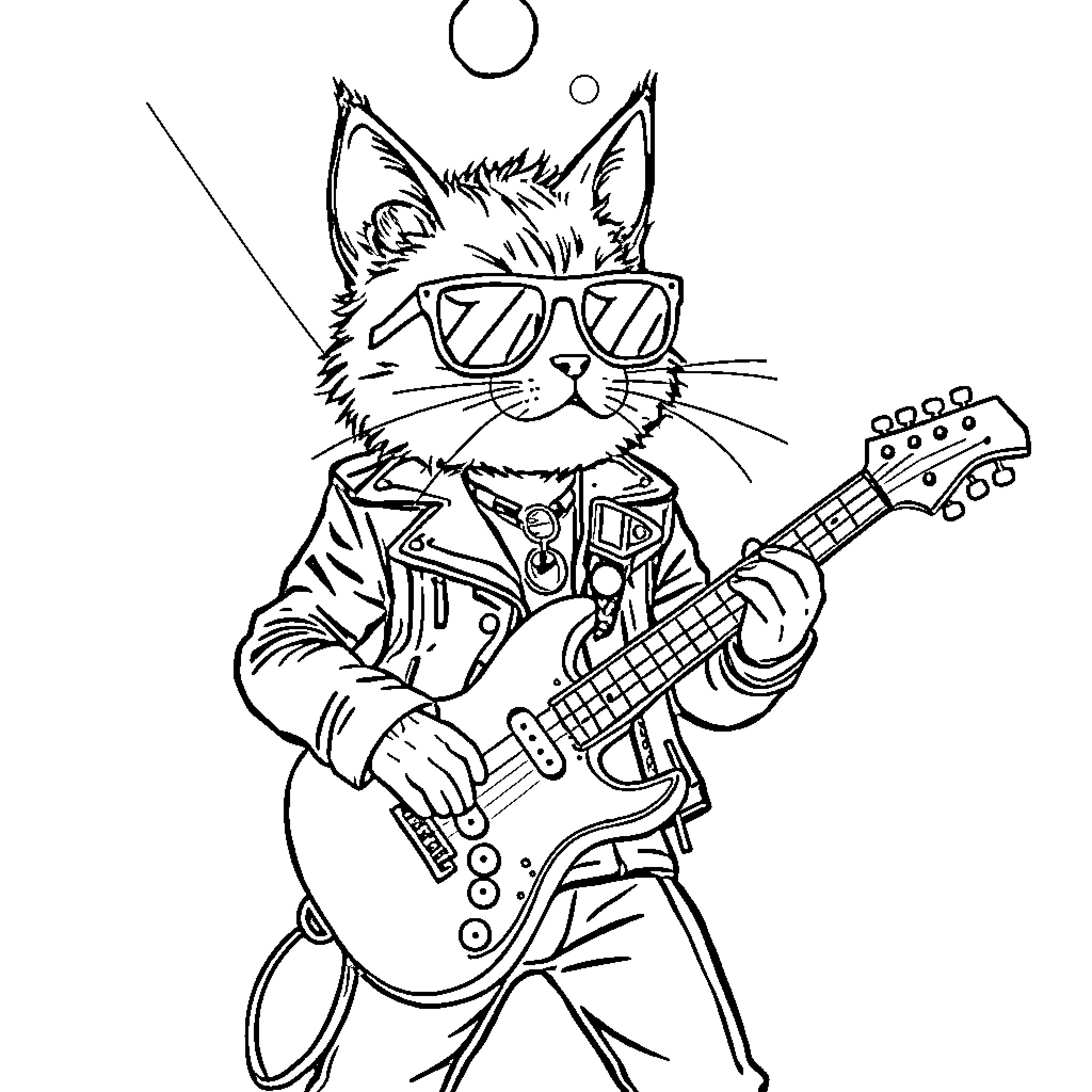 Cat Playing Cool Guitar Coloring Page (free black-and-white line drawing printable PDF for all, from beginners to advanced learners, including children, teens, adults, and seniors)