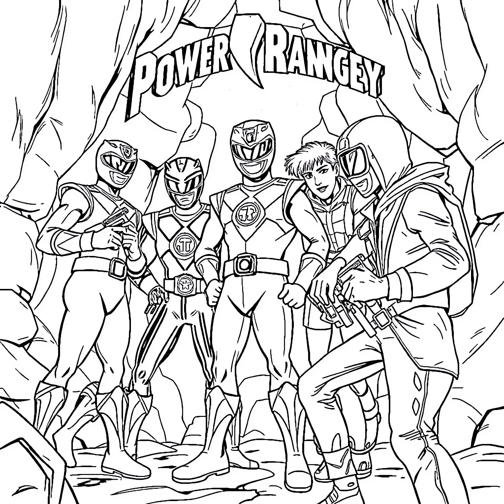 Power Rangers heroic team in action pose Coloring Page (free black-and-white line drawing printable PDF for all, from beginners to advanced learners, including children, teens, adults, and seniors)