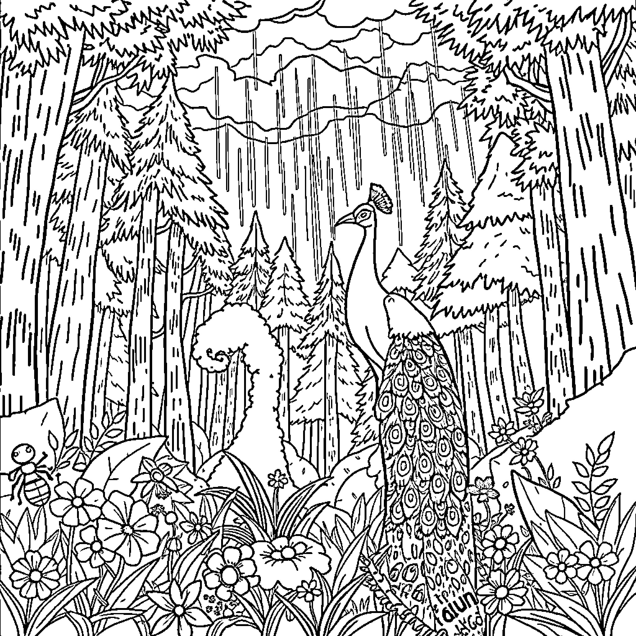 Peacock amidst enchanting forest landscape Coloring Page (free black-and-white line drawing printable PDF for all, from beginners to advanced learners, including children, teens, adults, and seniors)