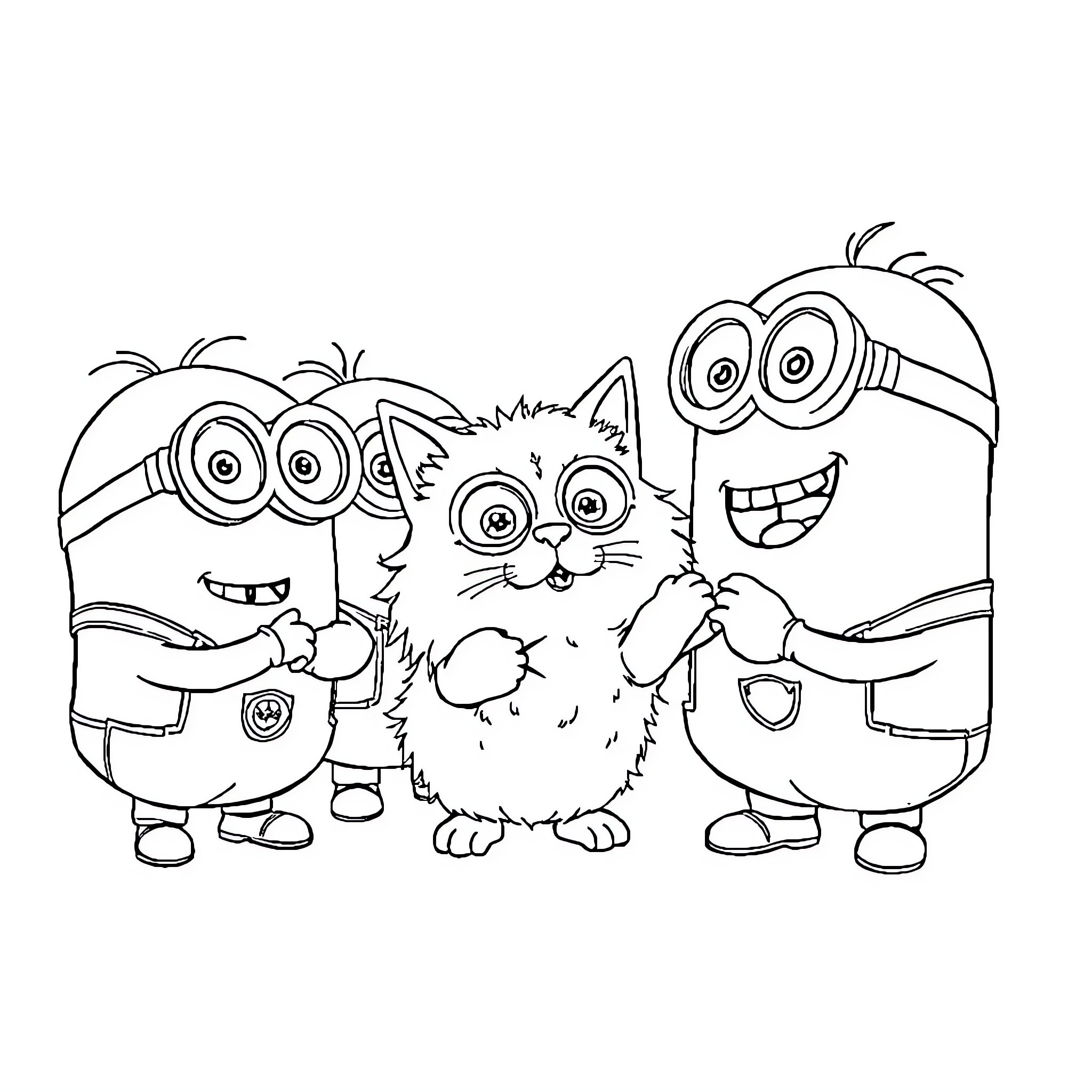 Minions and Cute Cat Enjoying Playful Moment Coloring Page (free black-and-white line drawing printable PDF for all, from beginners to advanced learners, including children, teens, adults, and seniors)
