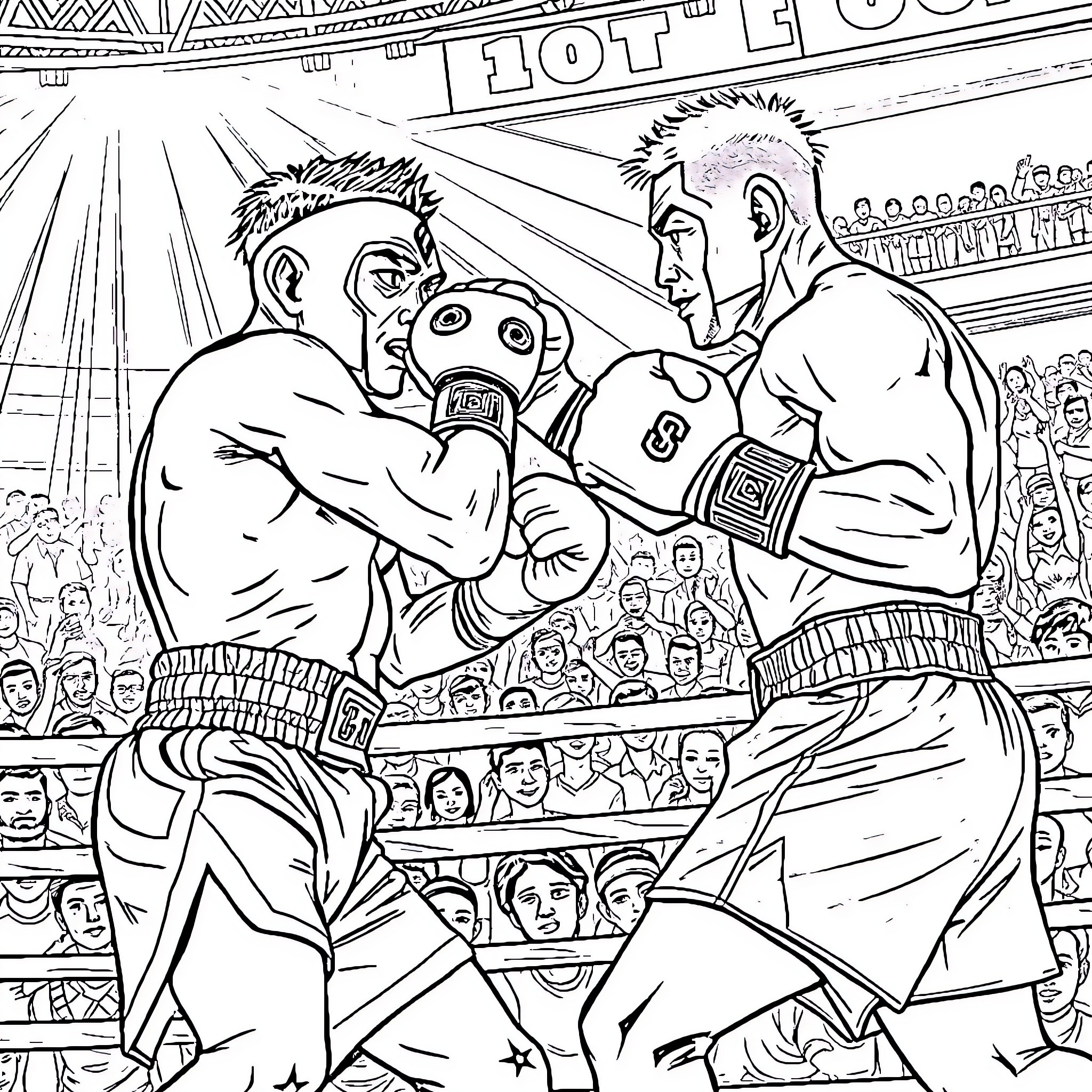 Muay Thai Fighters in Intense Match Coloring Page (free black-and-white line drawing printable PDF for all, from beginners to advanced learners, including children, teens, adults, and seniors)