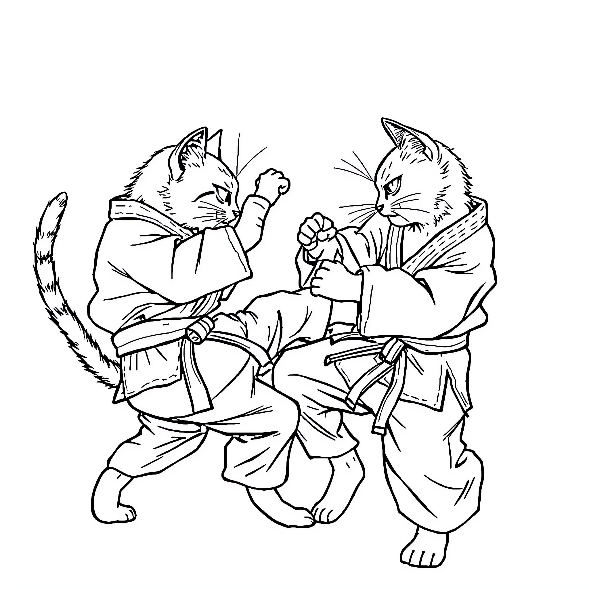 Cats practicing martial arts in traditional attire Coloring Page (free black-and-white line drawing printable PDF for all, from beginners to advanced learners, including children, teens, adults, and seniors)